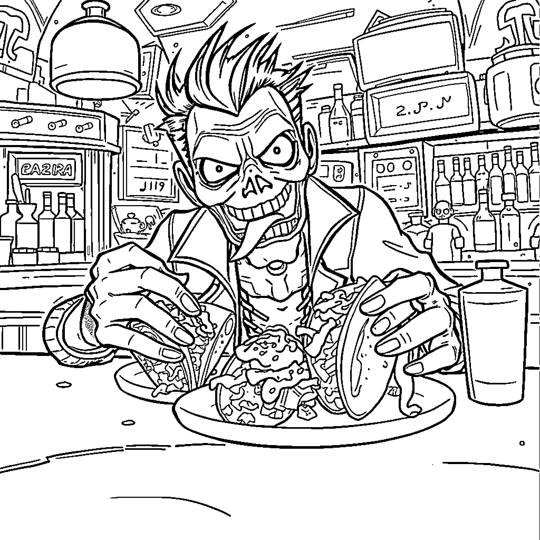 Psycho Chef Cooking Up Chaos in the Kitchen Coloring Page (free black-and-white line drawing printable PDF for all, from beginners to advanced learners, including children, teens, adults, and seniors)