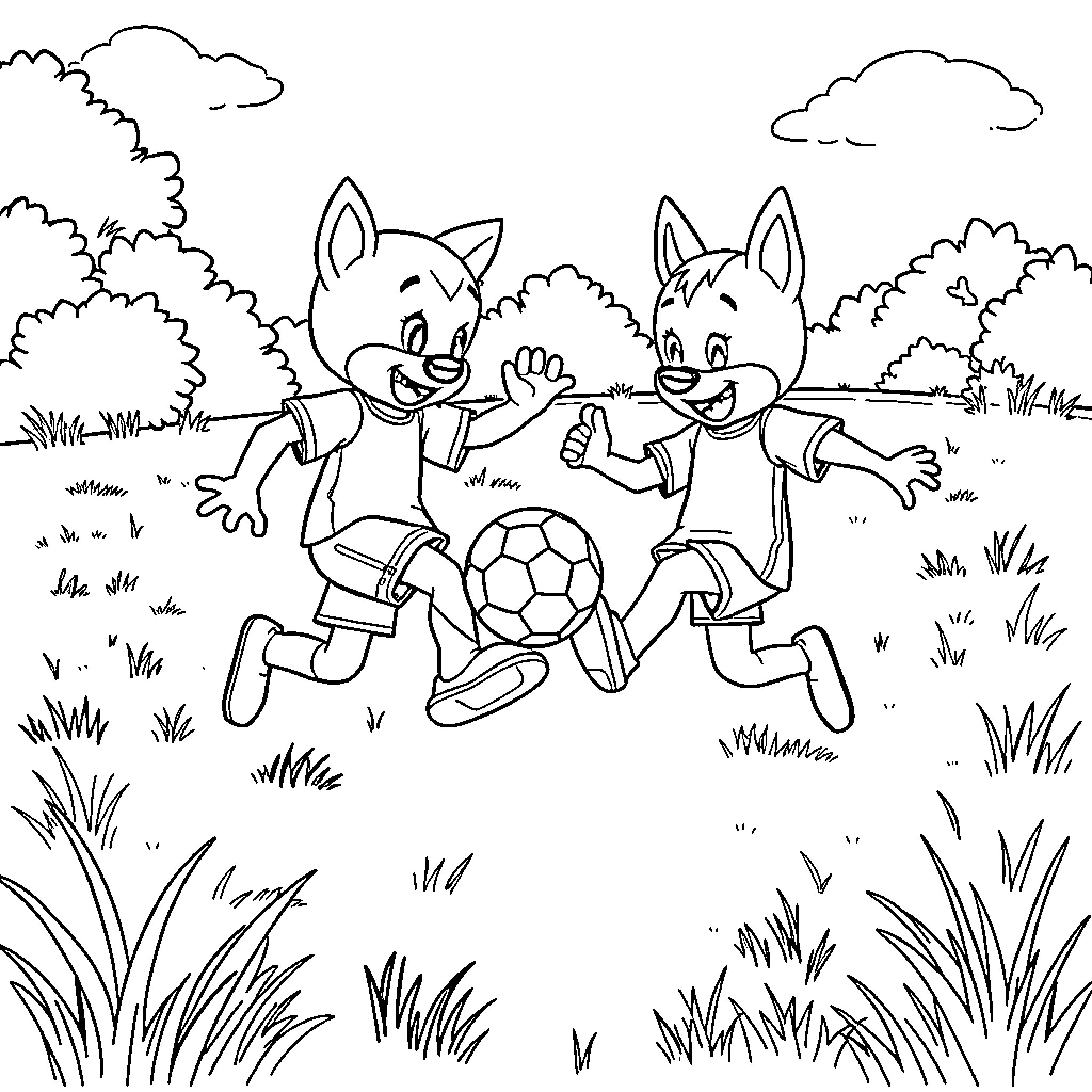 Bluey characters playing soccer in the park Coloring Page (free black-and-white line drawing printable PDF for all, from beginners to advanced learners, including children, teens, adults, and seniors)