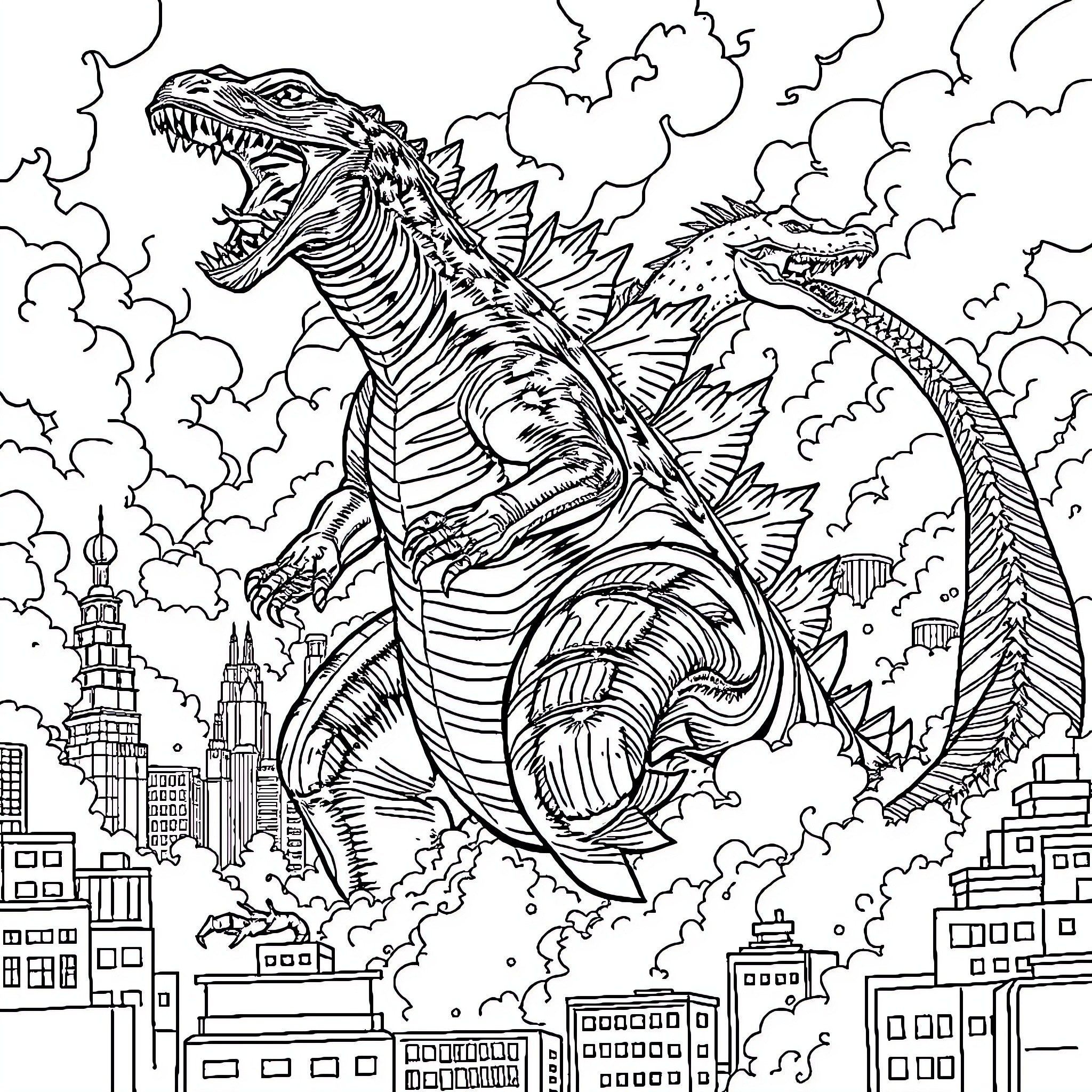 Godzilla rampaging through the city skyline Coloring Page (free black-and-white line drawing printable PDF for all, from beginners to advanced learners, including children, teens, adults, and seniors)