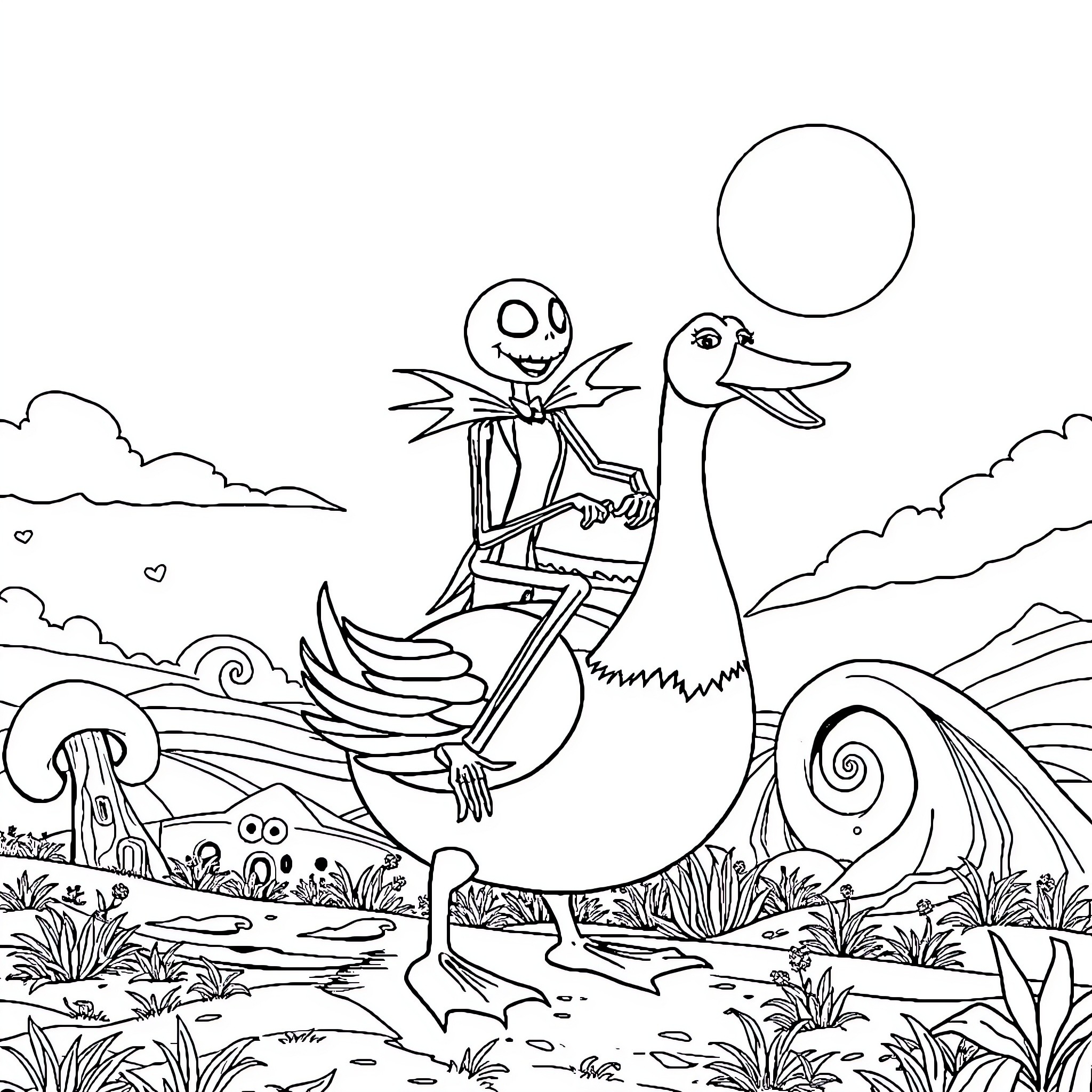 Jack Skellington riding a duck through a fantasy landscape Coloring Page (free black-and-white line drawing printable PDF for all, from beginners to advanced learners, including children, teens, adults, and seniors)