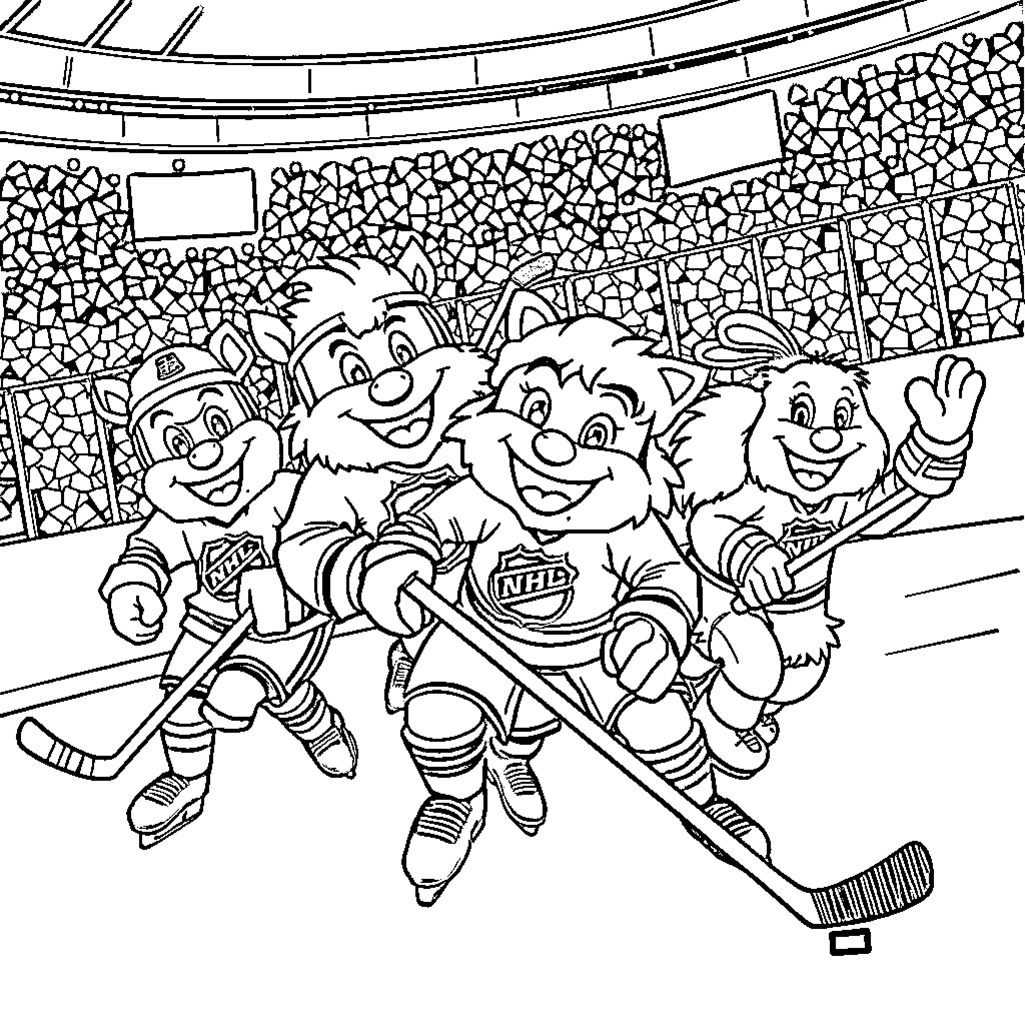 Mascot hockey players celebrating on the ice Coloring Page (free black-and-white line drawing printable PDF for all, from beginners to advanced learners, including children, teens, adults, and seniors)