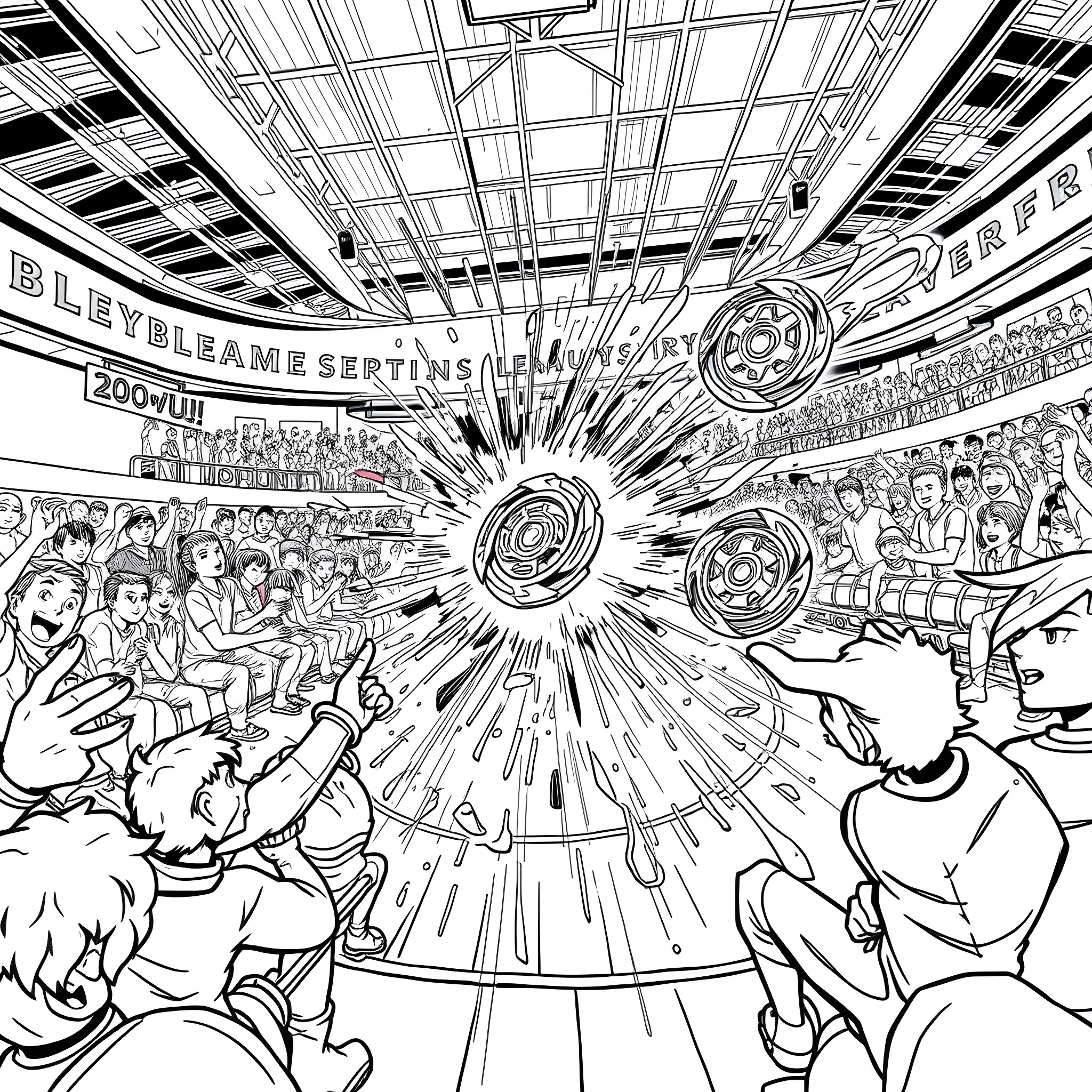 Bayblade tournament with intense action and expressions Coloring Page (free black-and-white line drawing printable PDF for all, from beginners to advanced learners, including children, teens, adults, and seniors)