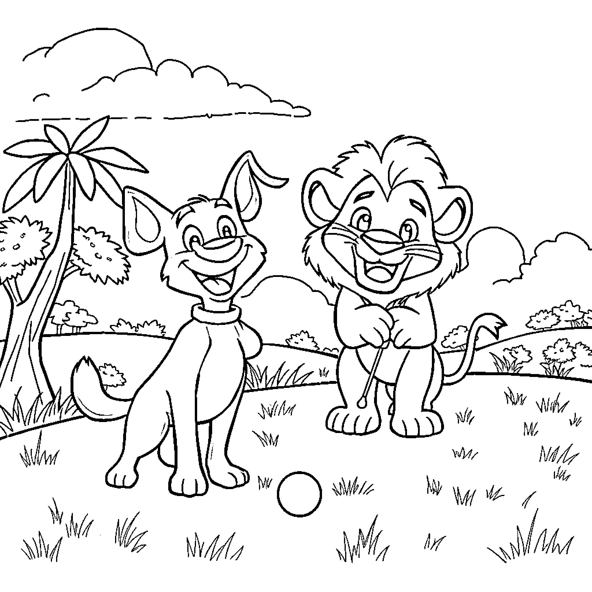 Bluey and Simba having fun in the jungle Coloring Page (free black-and-white line drawing printable PDF for all, from beginners to advanced learners, including children, teens, adults, and seniors)