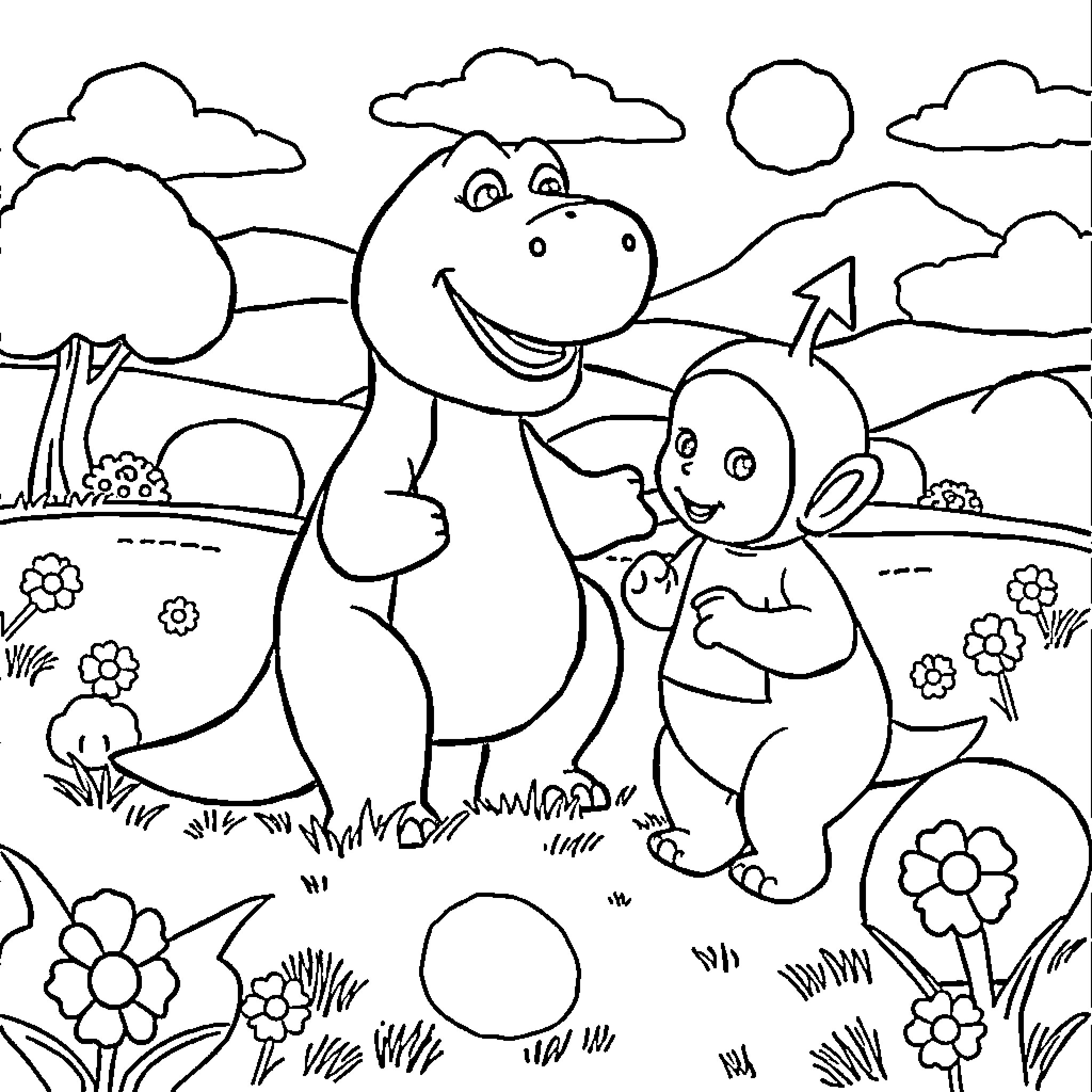 Barney and Baby Bop enjoying nature together Coloring Page (free black-and-white line drawing printable PDF for all, from beginners to advanced learners, including children, teens, adults, and seniors)