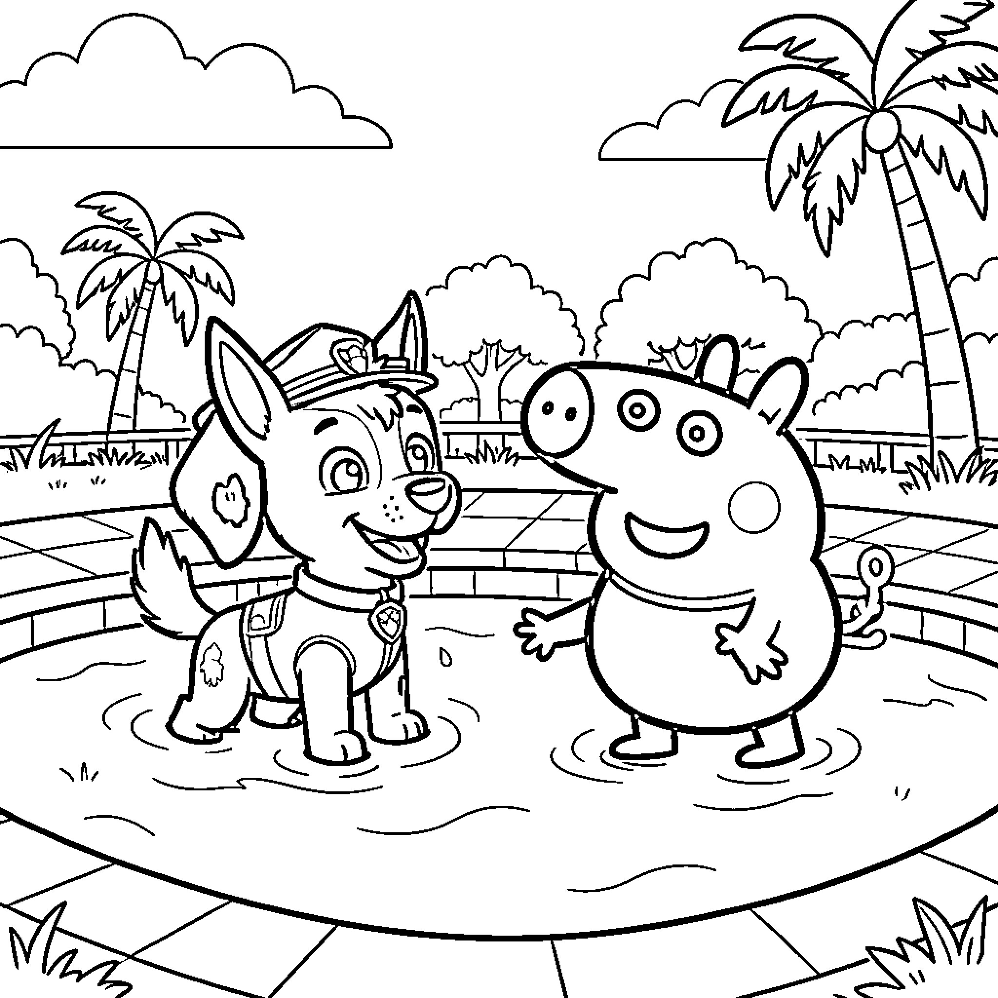 Stella playing in a pool with a friend Coloring Page (free black-and-white line drawing printable PDF for all, from beginners to advanced learners, including children, teens, adults, and seniors)
