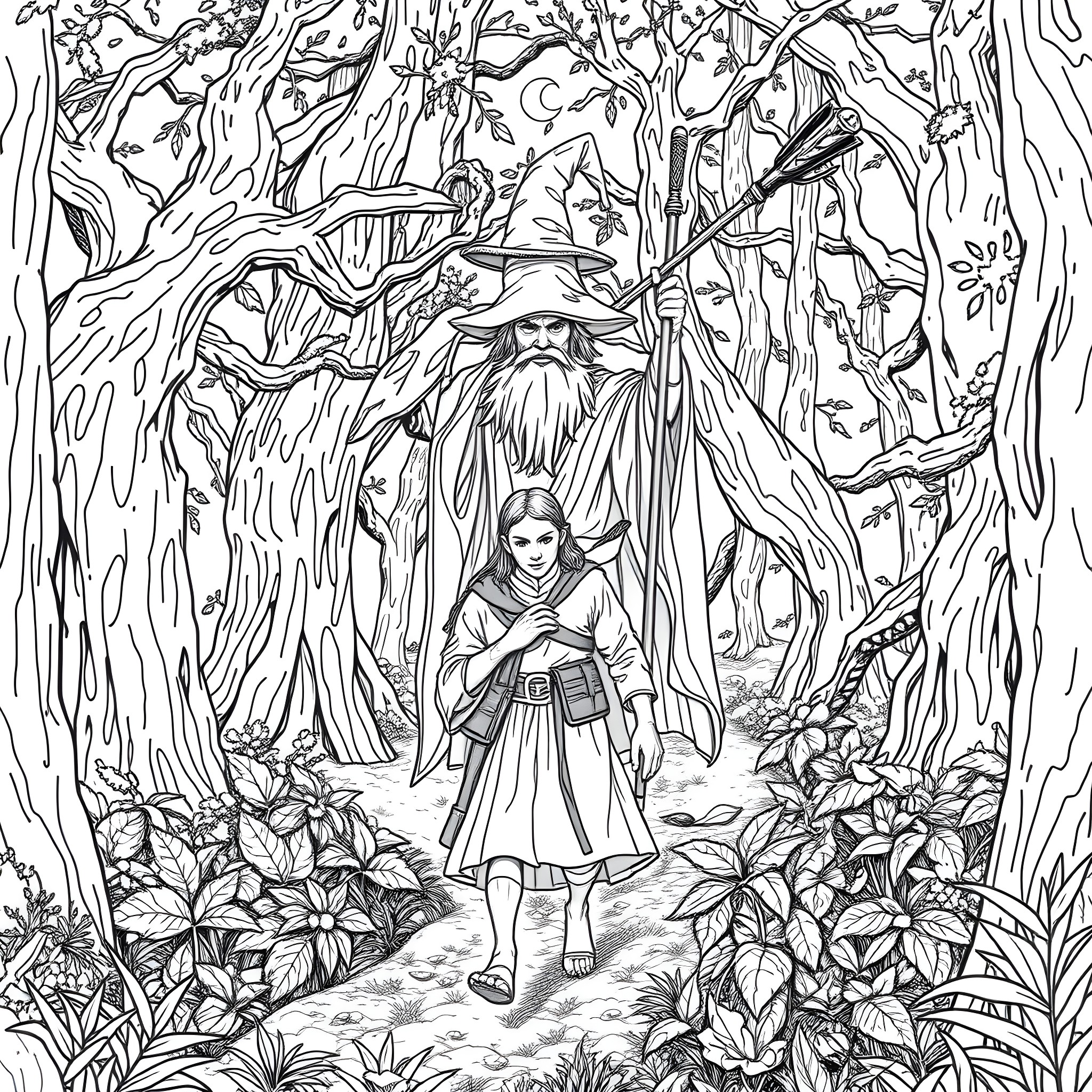 Gandalf guiding a young adventurer through the enchanted forest Coloring Page (free black-and-white line drawing printable PDF for all, from beginners to advanced learners, including children, teens, adults, and seniors)