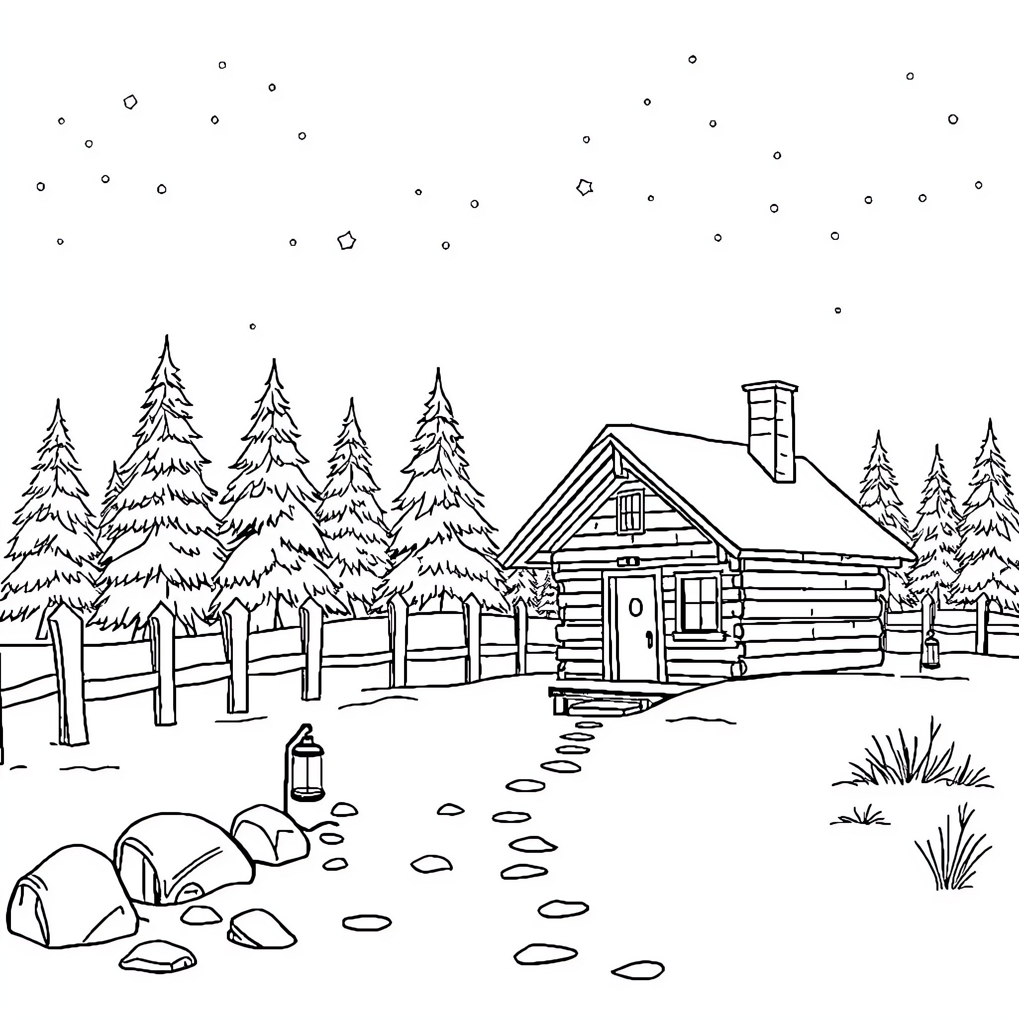 Cabin in the winter forest Coloring Page (free black-and-white line drawing printable PDF for all, from beginners to advanced learners, including children, teens, adults, and seniors)