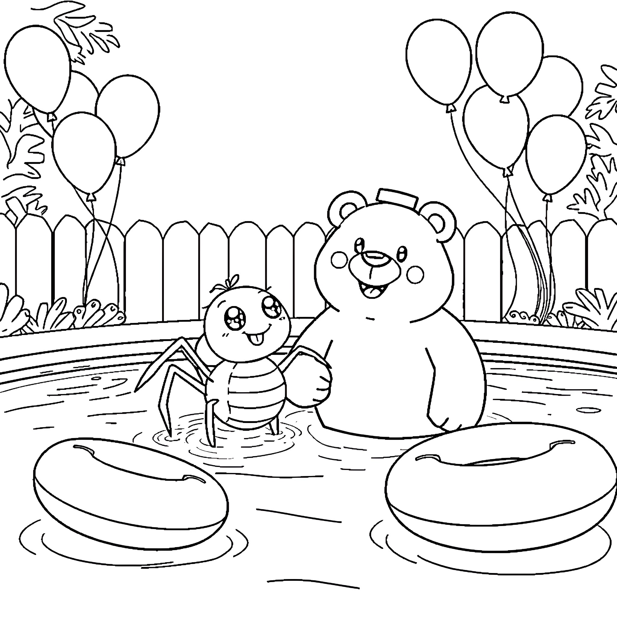 Spider-themed birthday party with playful characters Coloring Page (free black-and-white line drawing printable PDF for all, from beginners to advanced learners, including children, teens, adults, and seniors)