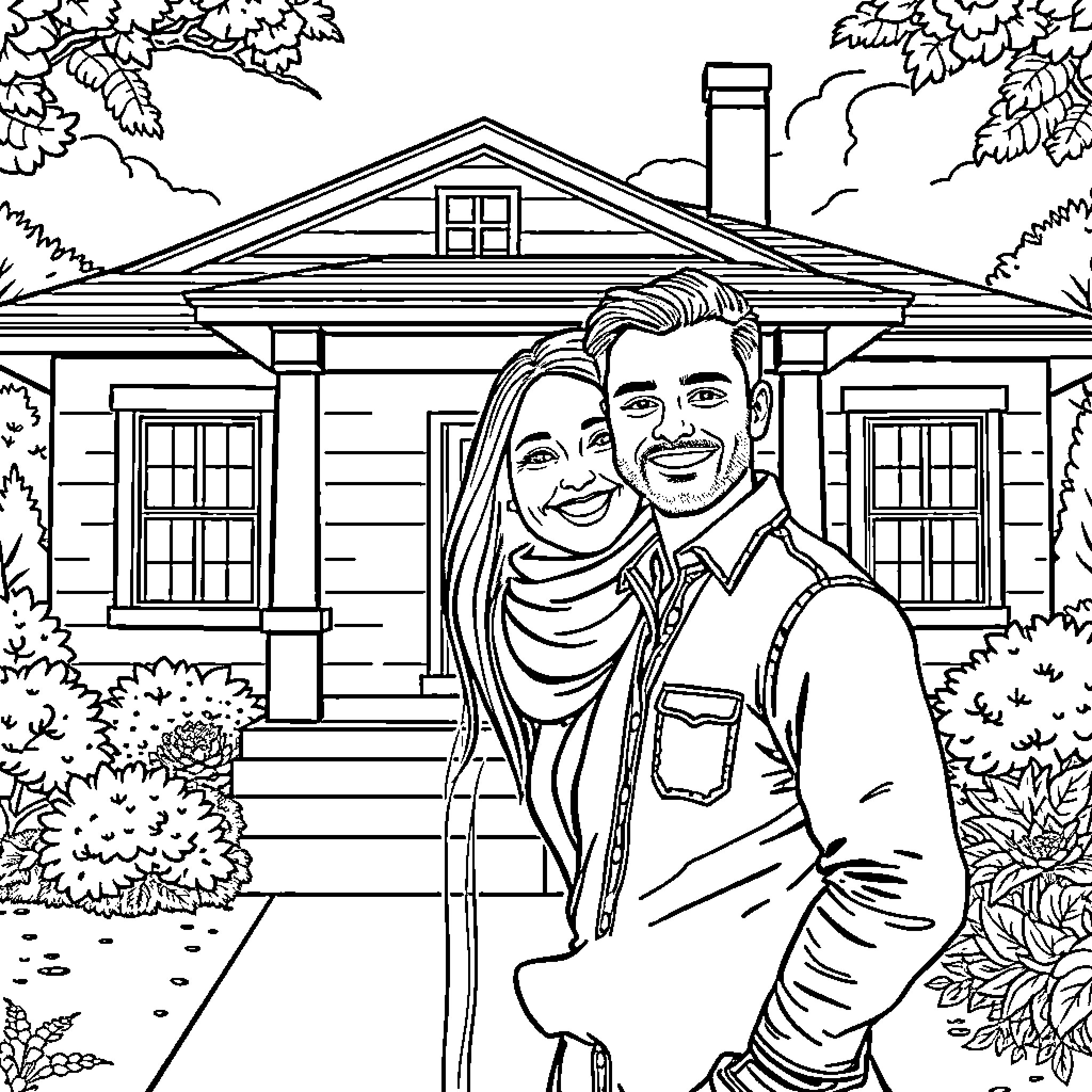 Couple posing in front of cozy home Coloring Page (free black-and-white line drawing printable PDF for all, from beginners to advanced learners, including children, teens, adults, and seniors)