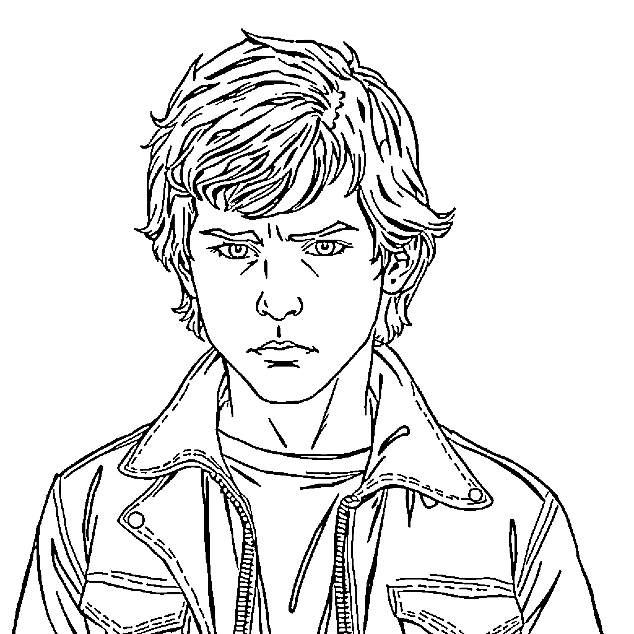 Mike's focused expression in a casual outfit Coloring Page (free black-and-white line drawing printable PDF for all, from beginners to advanced learners, including children, teens, adults, and seniors)