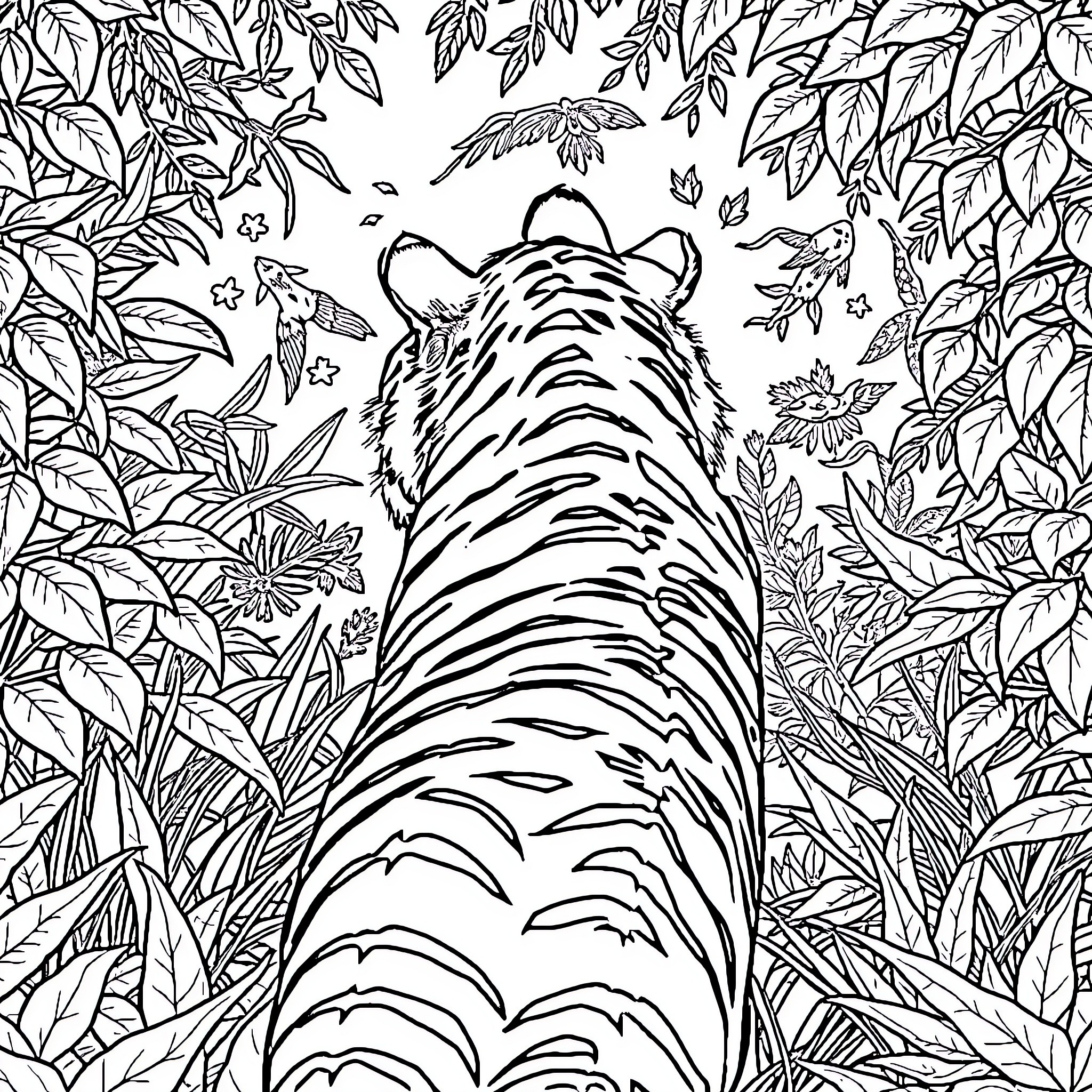 Tiger hidden in lush foliage Coloring Page (free black-and-white line drawing printable PDF for all, from beginners to advanced learners, including children, teens, adults, and seniors)