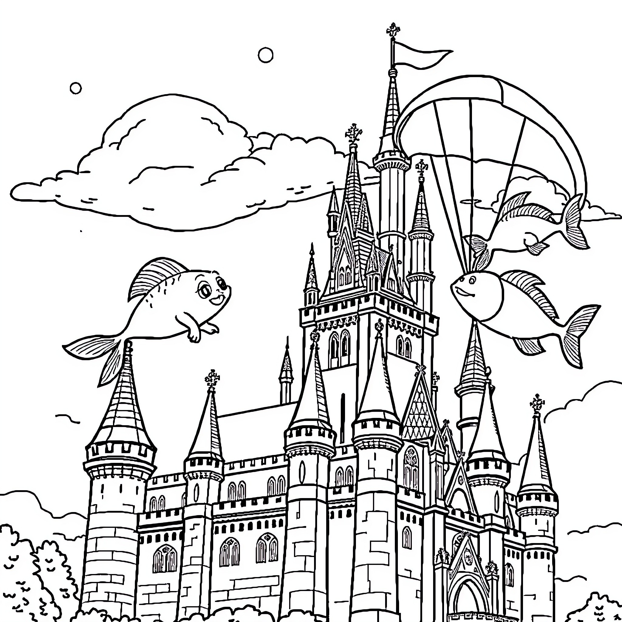 Cat exploring whimsical castle and sea creatures Coloring Page (free black-and-white line drawing printable PDF for all, from beginners to advanced learners, including children, teens, adults, and seniors)