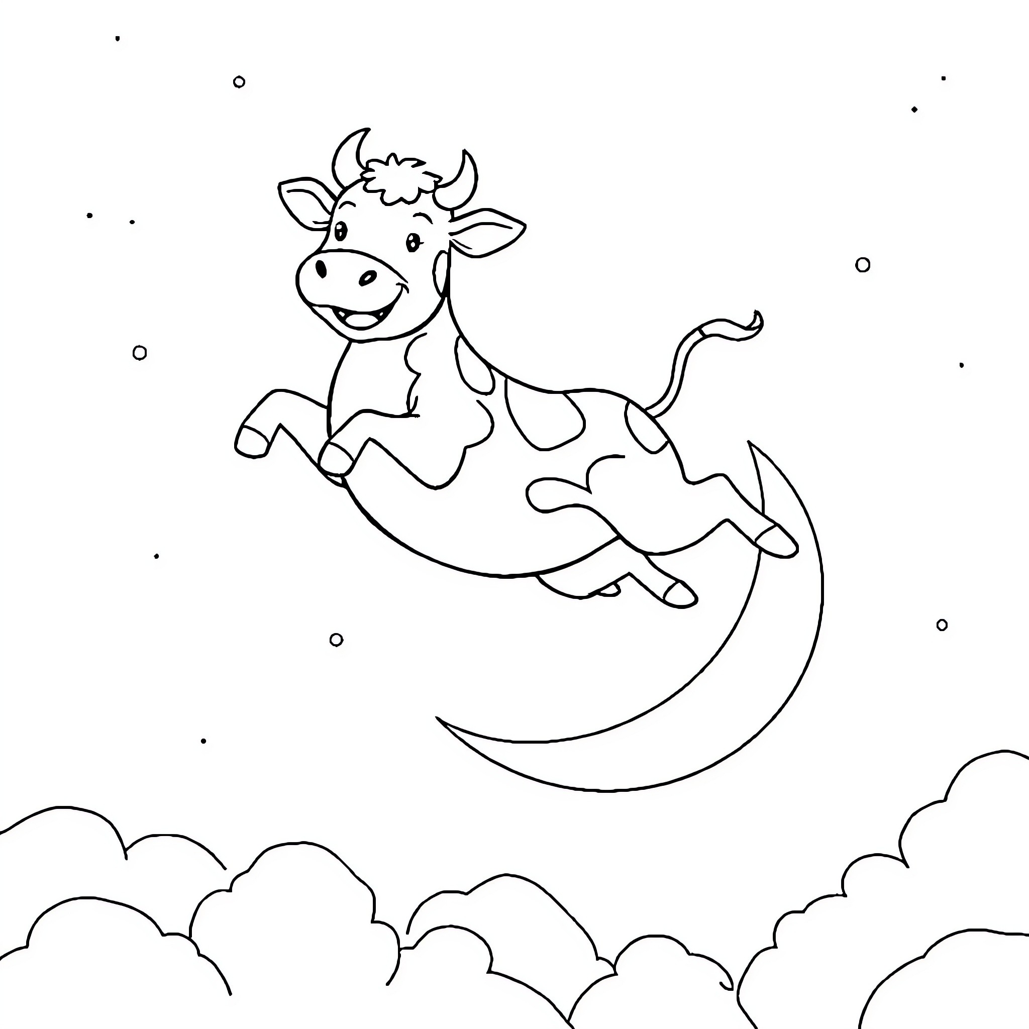 Cow jumping over the moon Coloring Page (free black-and-white line drawing printable PDF for all, from beginners to advanced learners, including children, teens, adults, and seniors)
