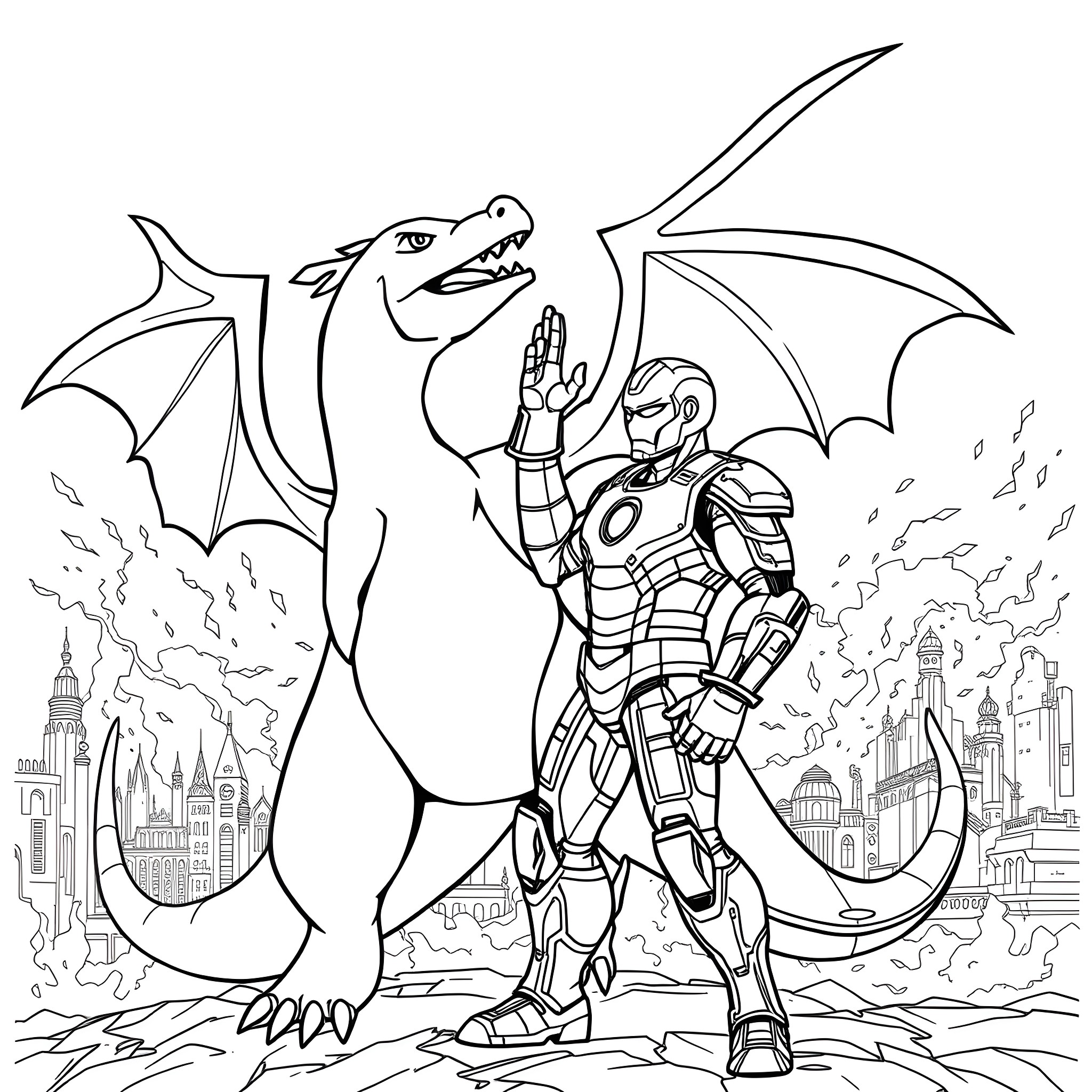 Charizard battles a heroic knight in the city Coloring Page (free black-and-white line drawing printable PDF for all, from beginners to advanced learners, including children, teens, adults, and seniors)