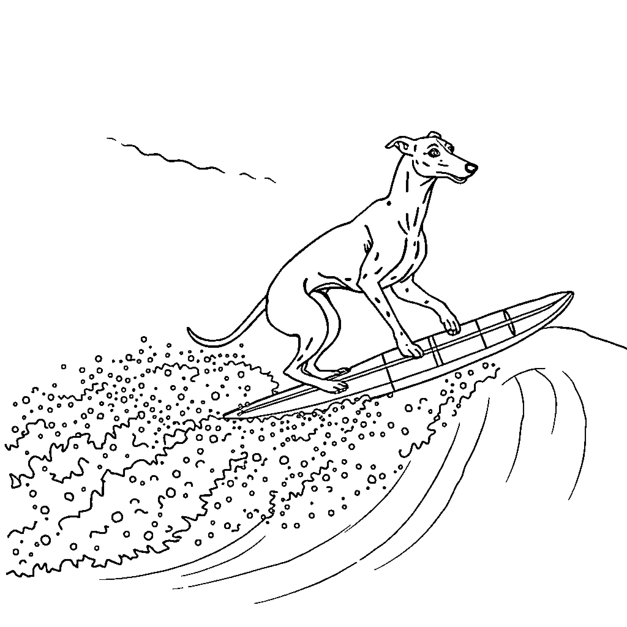 Greyhound surfing on a wave Coloring Page (free black-and-white line drawing printable PDF for all, from beginners to advanced learners, including children, teens, adults, and seniors)
