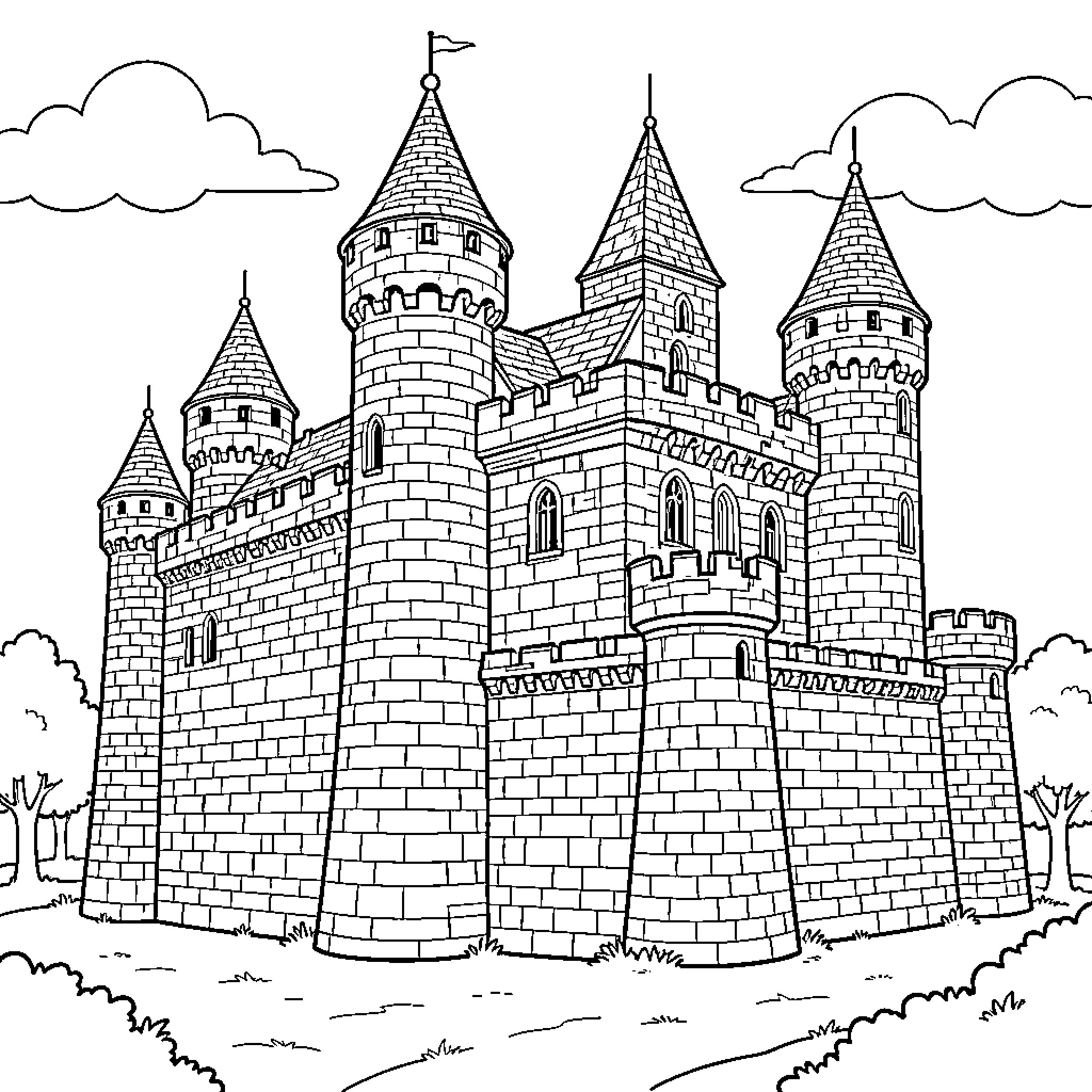 Castle standing tall amidst clouds and trees Coloring Page (free black-and-white line drawing printable PDF for all, from beginners to advanced learners, including children, teens, adults, and seniors)