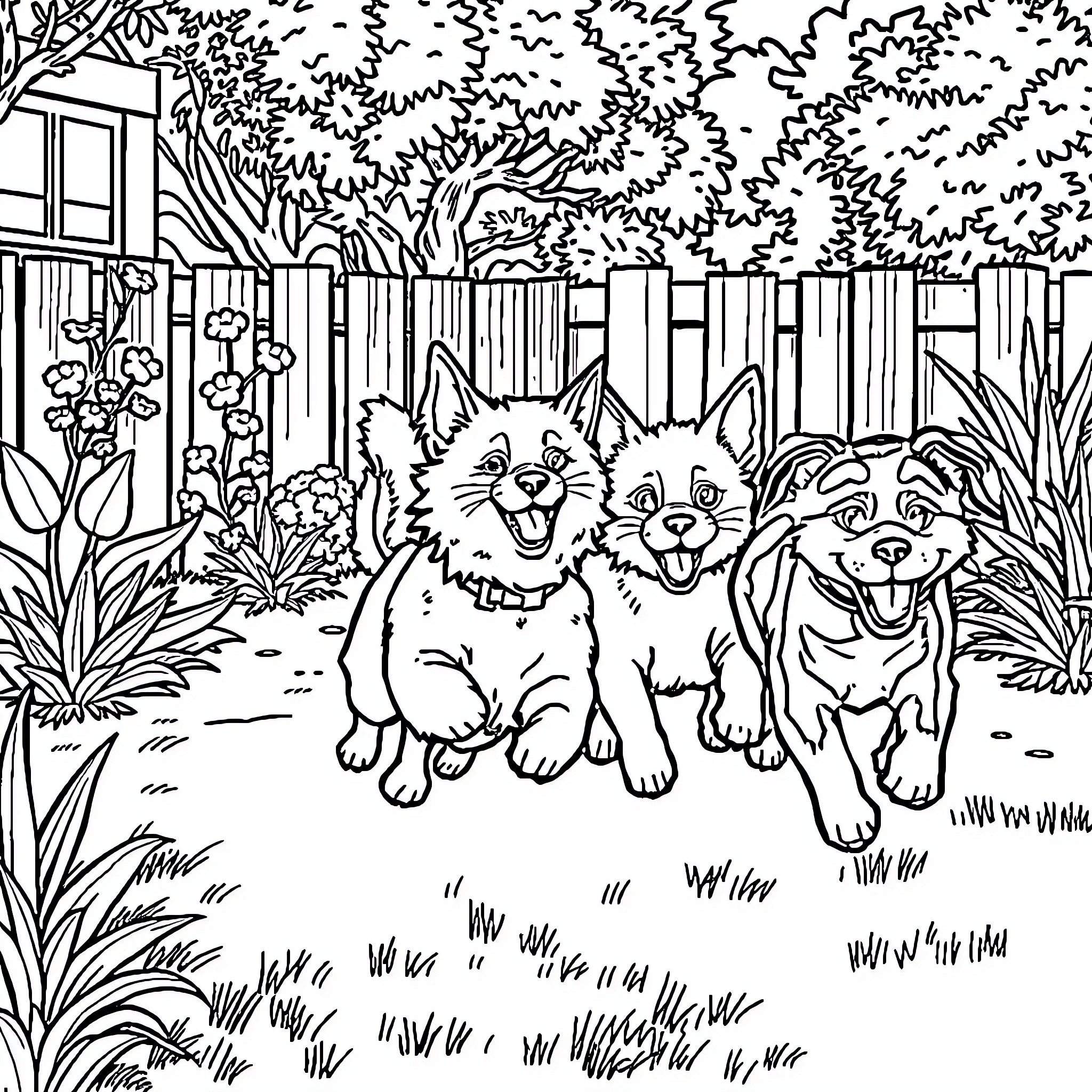 Cat and Dog Enjoying Outdoor Adventure Coloring Page (free black-and-white line drawing printable PDF for all, from beginners to advanced learners, including children, teens, adults, and seniors)