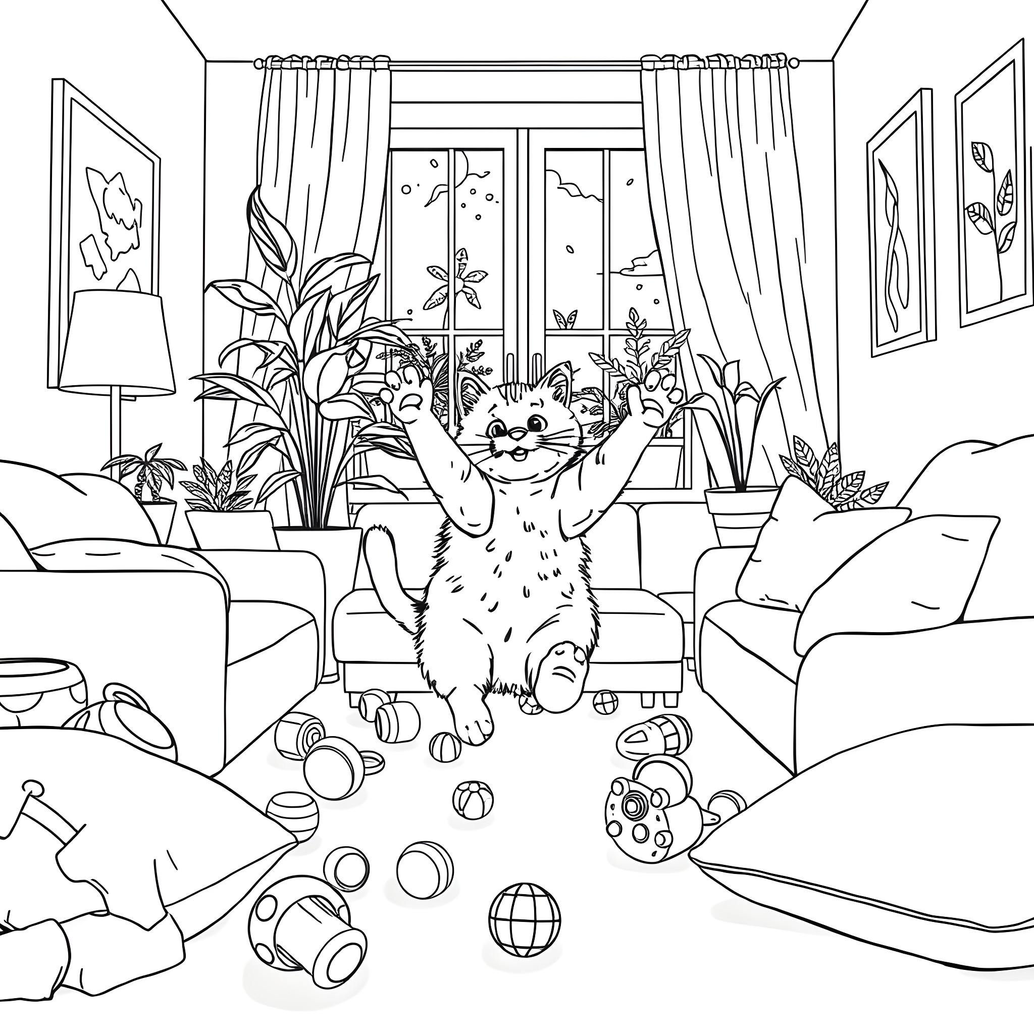 Cat playing joyfully with toys in the cozy living room Coloring Page (free black-and-white line drawing printable PDF for all, from beginners to advanced learners, including children, teens, adults, and seniors)