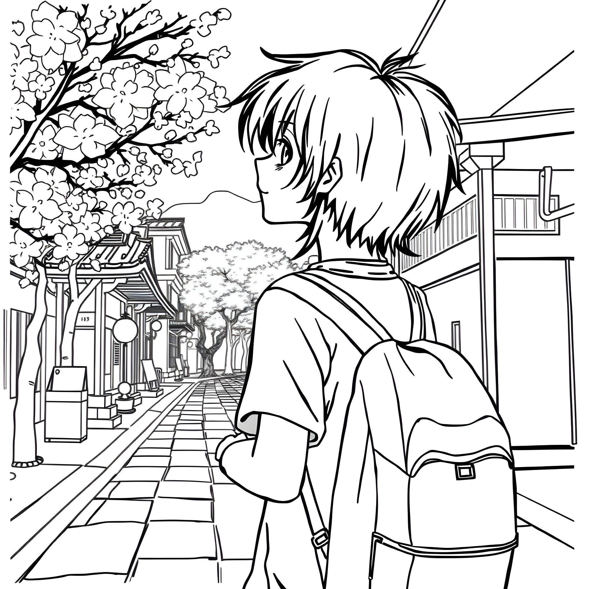 Boy exploring a scenic Japanese town in spring Coloring Page (free black-and-white line drawing printable PDF for all, from beginners to advanced learners, including children, teens, adults, and seniors)