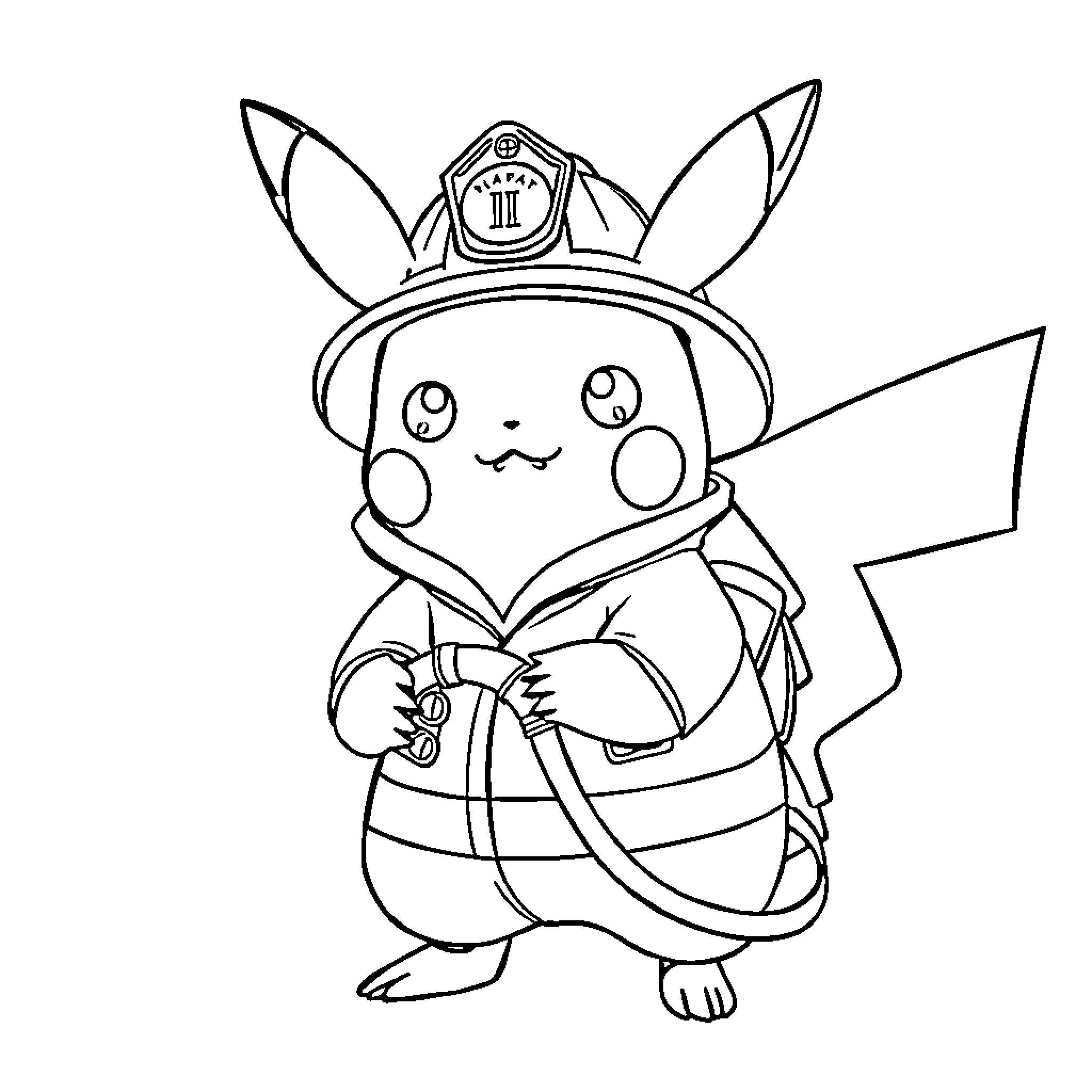 Pikachu dressed as a firefighter Coloring Page (free black-and-white line drawing printable PDF for all, from beginners to advanced learners, including children, teens, adults, and seniors)