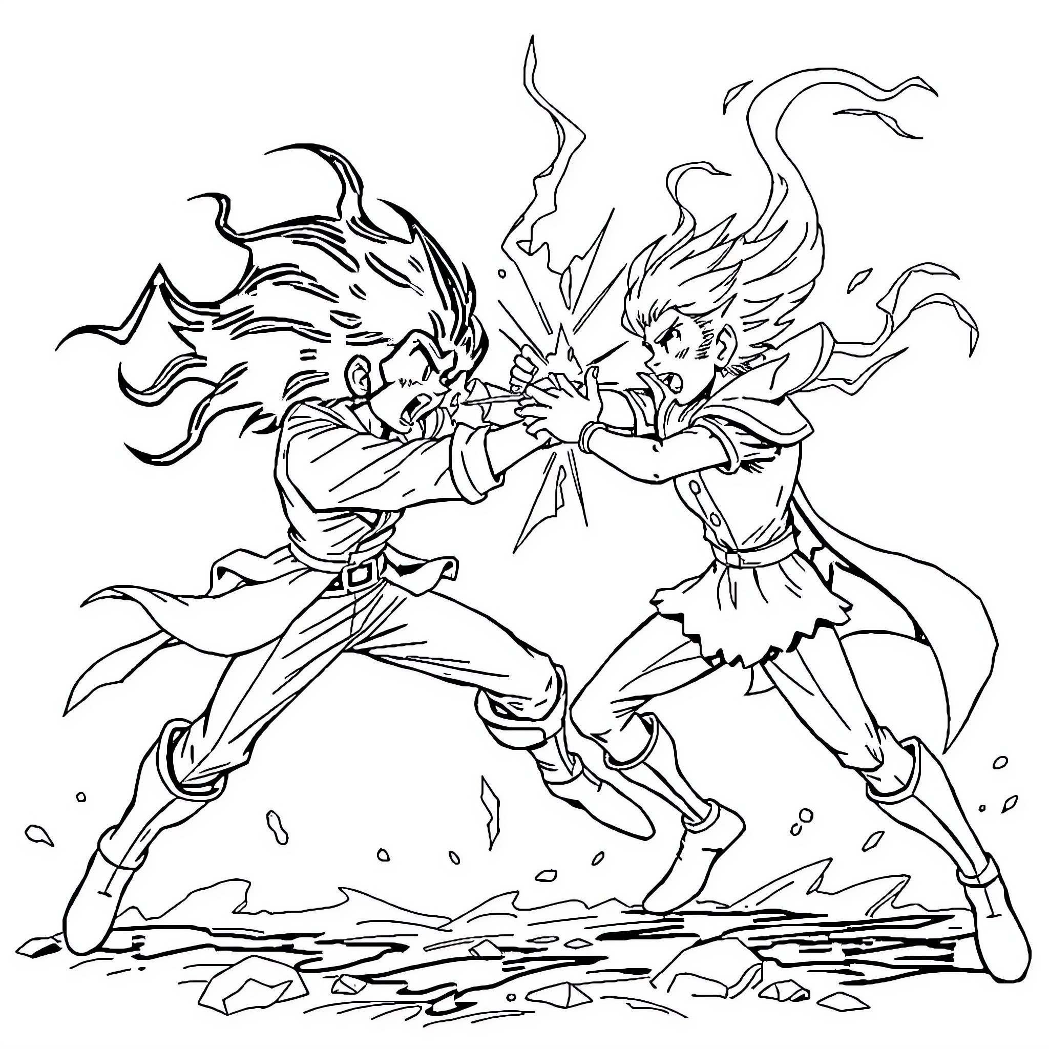 Dandy warriors clashing in epic battle Coloring Page (free black-and-white line drawing printable PDF for all, from beginners to advanced learners, including children, teens, adults, and seniors)