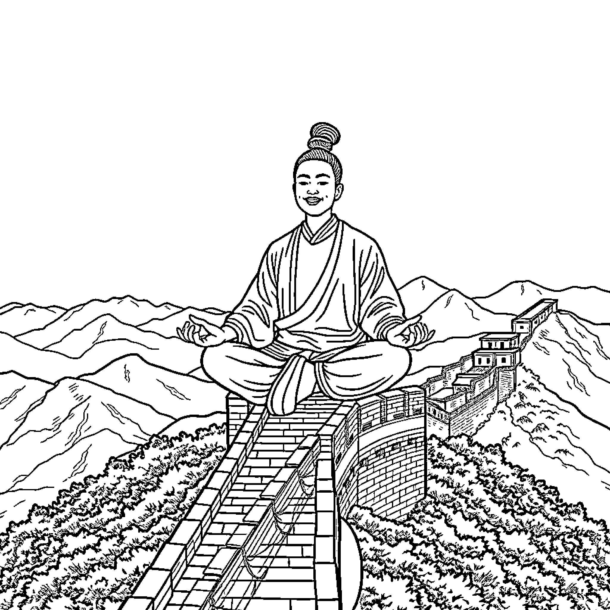 Man meditating peacefully on mountaintop trail Coloring Page (free black-and-white line drawing printable PDF for all, from beginners to advanced learners, including children, teens, adults, and seniors)