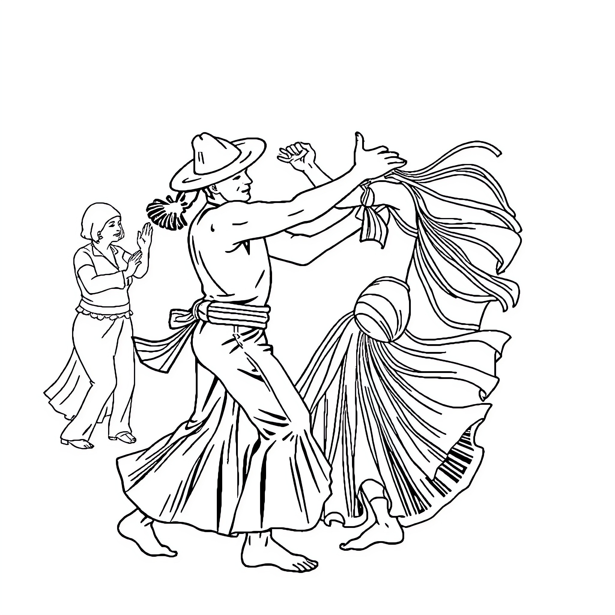 Capoeira performers in energetic dance Coloring Page (free black-and-white line drawing printable PDF for all, from beginners to advanced learners, including children, teens, adults, and seniors)