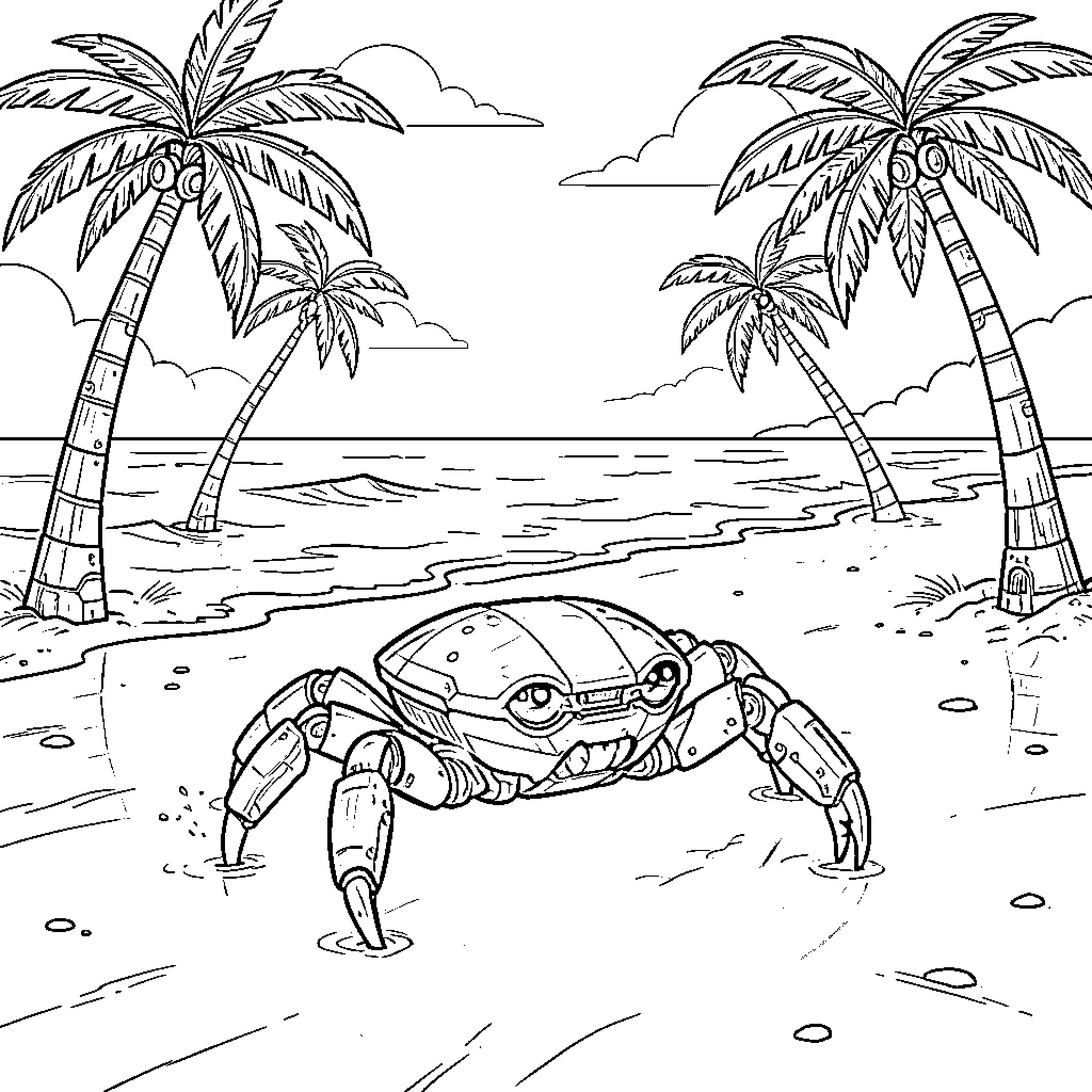 Crab exploring the tropical beach landscape Coloring Page (free black-and-white line drawing printable PDF for all, from beginners to advanced learners, including children, teens, adults, and seniors)