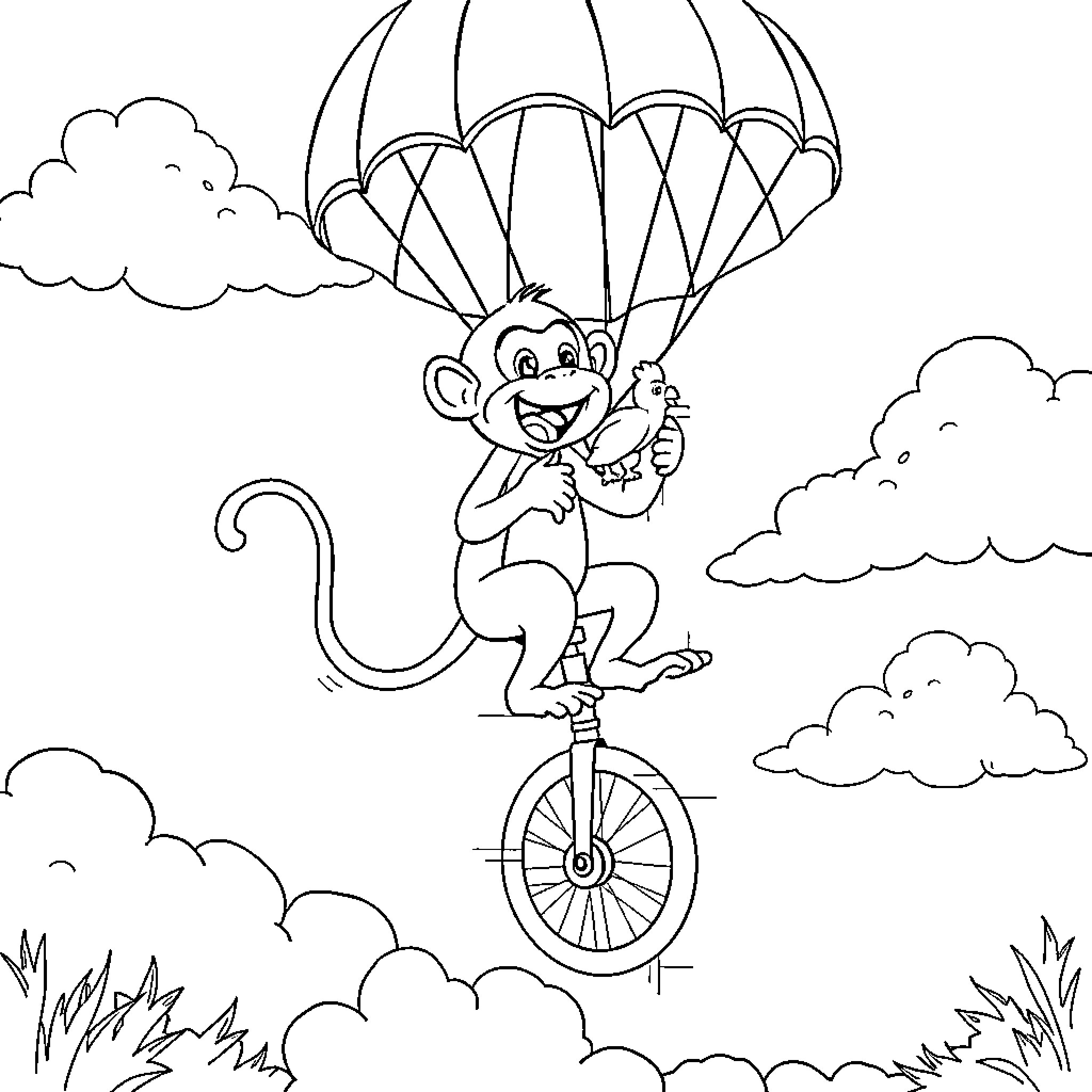 Monkey riding unicycle under parachute in the sky Coloring Page (free black-and-white line drawing printable PDF for all, from beginners to advanced learners, including children, teens, adults, and seniors)