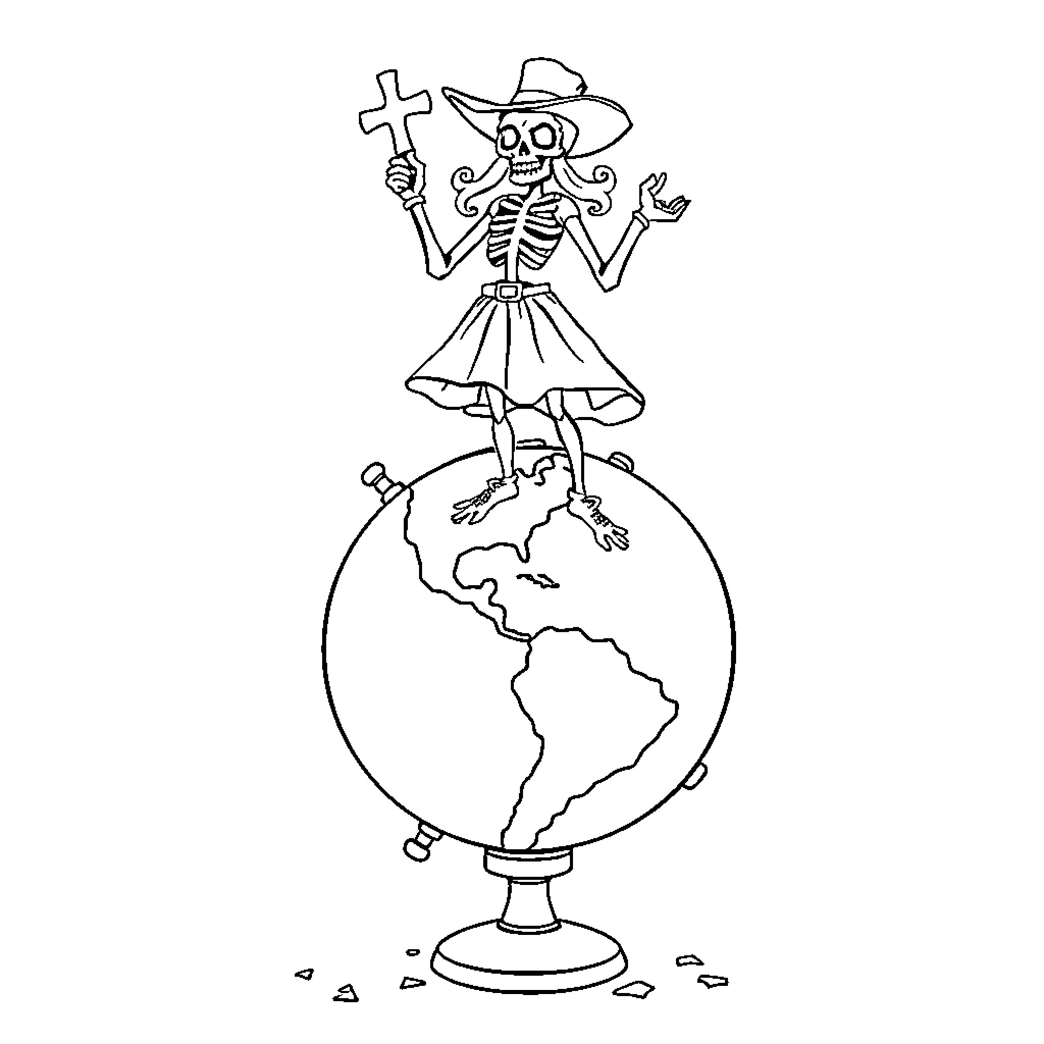 Crossbones Kelly proclaims dominion over the world Coloring Page (free black-and-white line drawing printable PDF for all, from beginners to advanced learners, including children, teens, adults, and seniors)