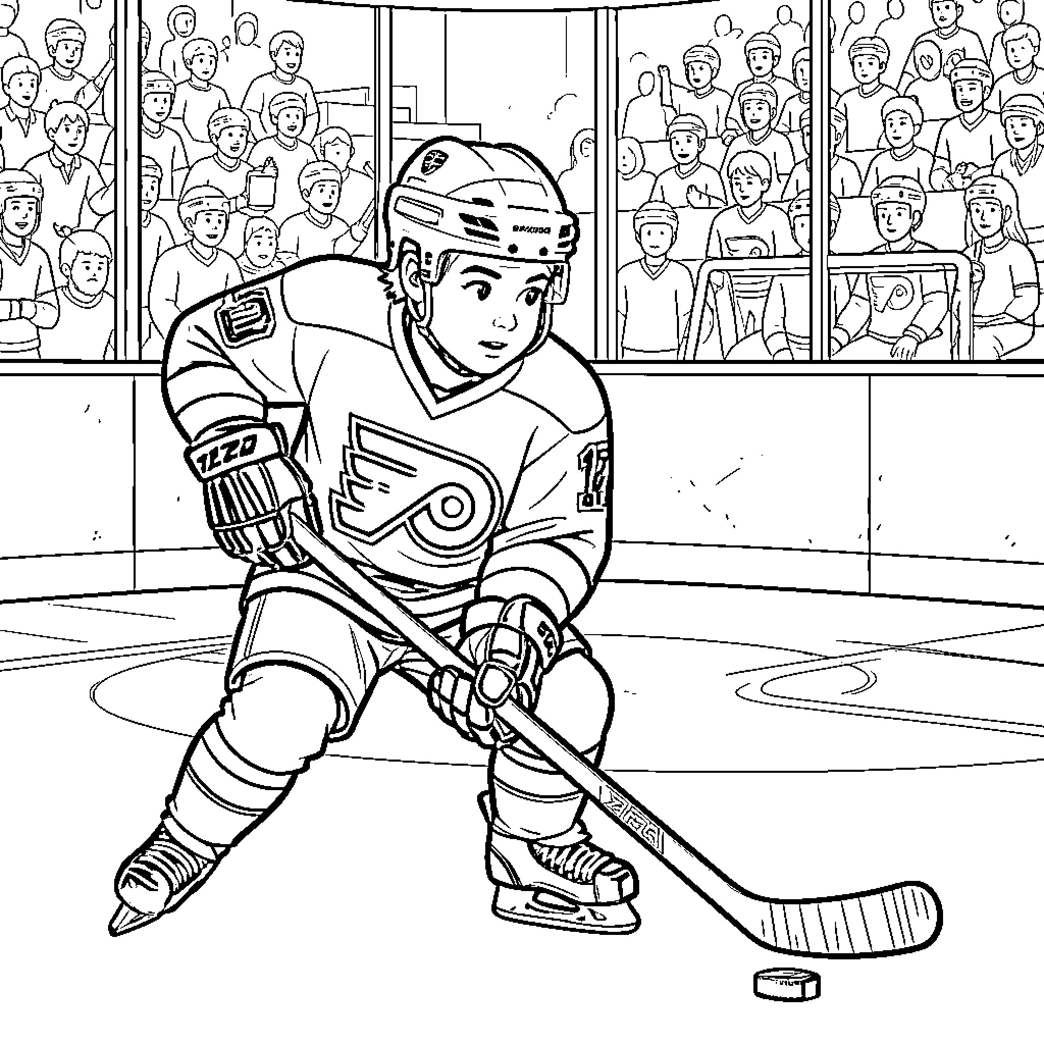 Kid playing ice hockey on the rink Coloring Page (free black-and-white line drawing printable PDF for all, from beginners to advanced learners, including children, teens, adults, and seniors)