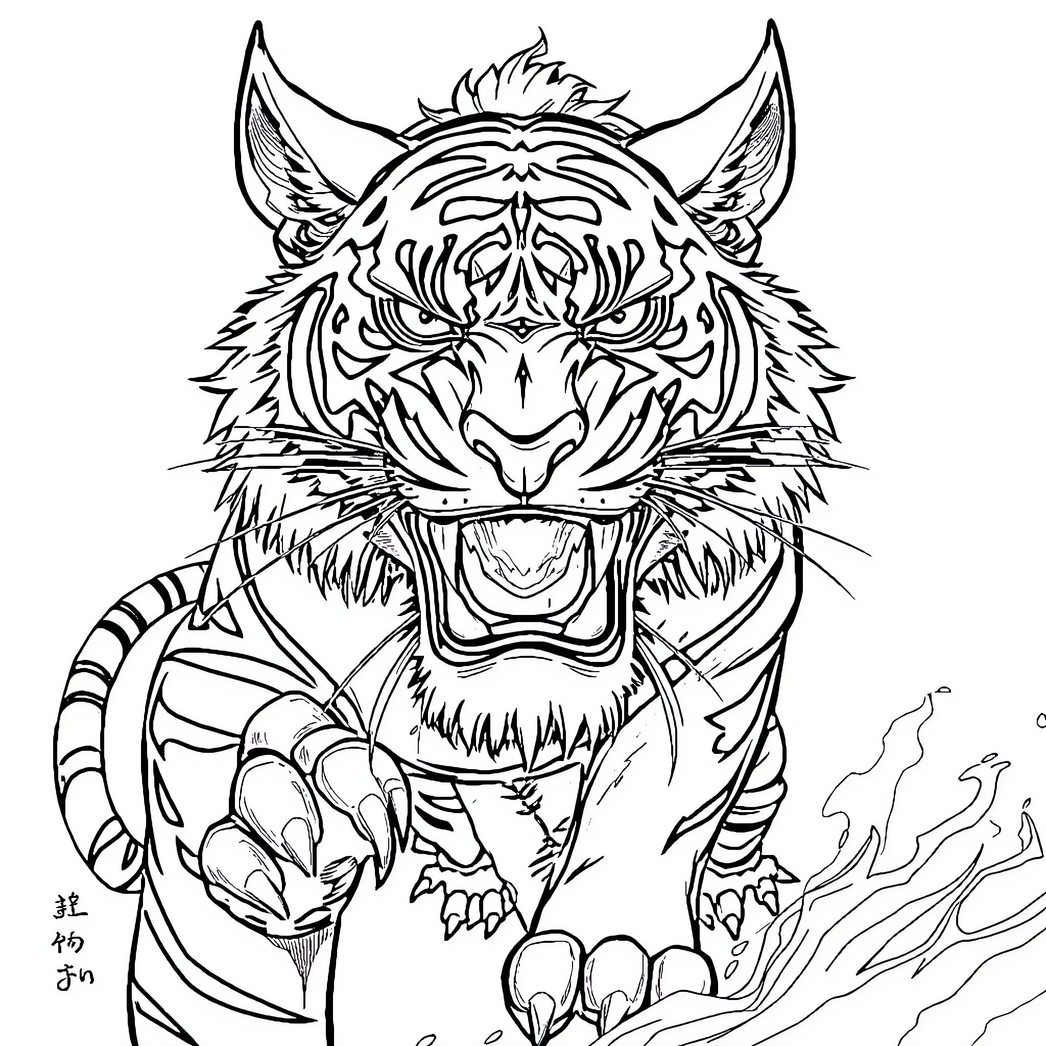Tiger Roaring Fiercely with Stylized Details Coloring Page (free black-and-white line drawing printable PDF for all, from beginners to advanced learners, including children, teens, adults, and seniors)