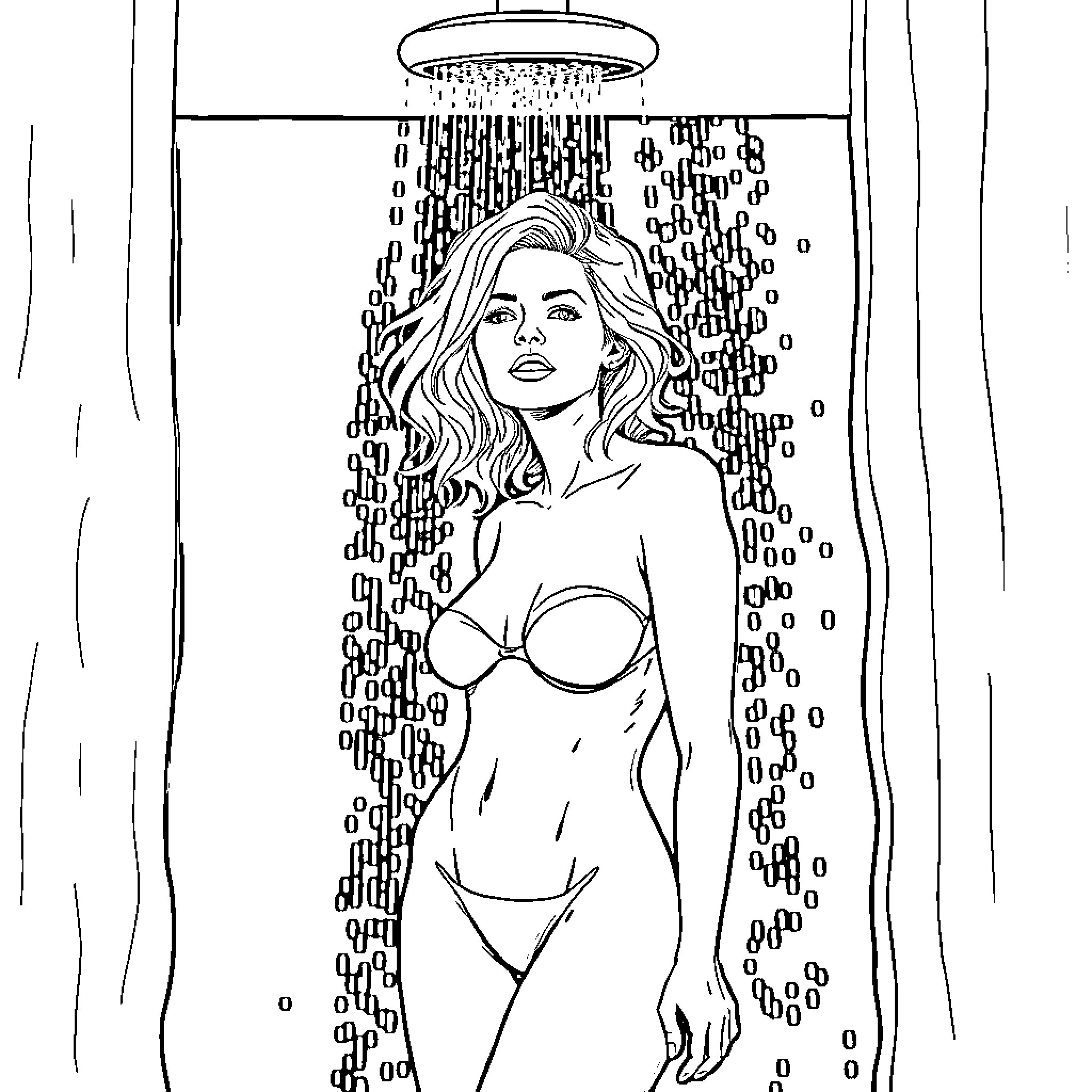 Nicole Kidman enjoying a refreshing shower Coloring Page (free black-and-white line drawing printable PDF for all, from beginners to advanced learners, including children, teens, adults, and seniors)