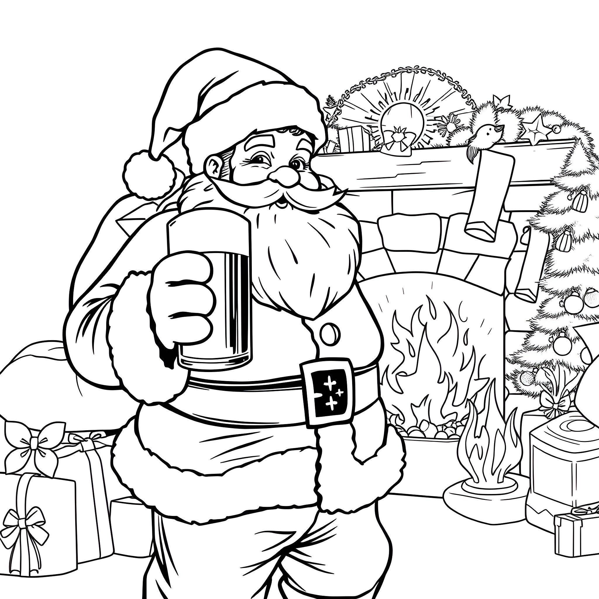 Santa Enjoying a Mug Near the Christmas Fireplace Coloring Page (free black-and-white line drawing printable PDF for all, from beginners to advanced learners, including children, teens, adults, and seniors)