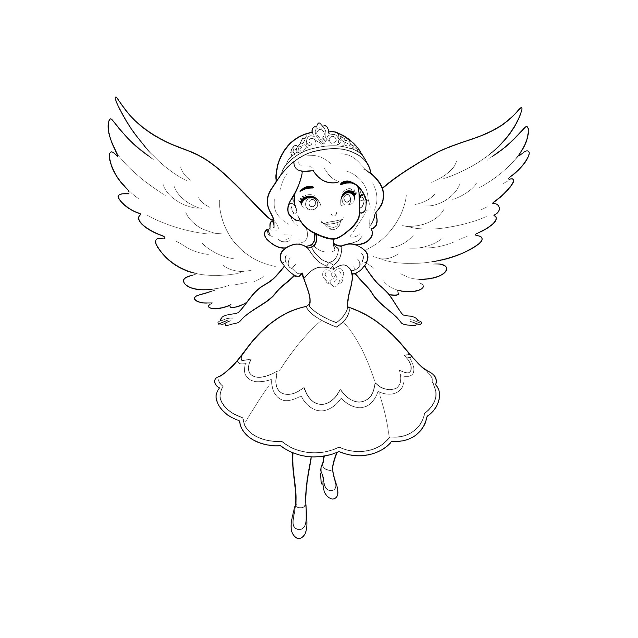 Sofia the Winged Princess in a Flowing Dress Coloring Page (free black-and-white line drawing printable PDF for all, from beginners to advanced learners, including children, teens, adults, and seniors)