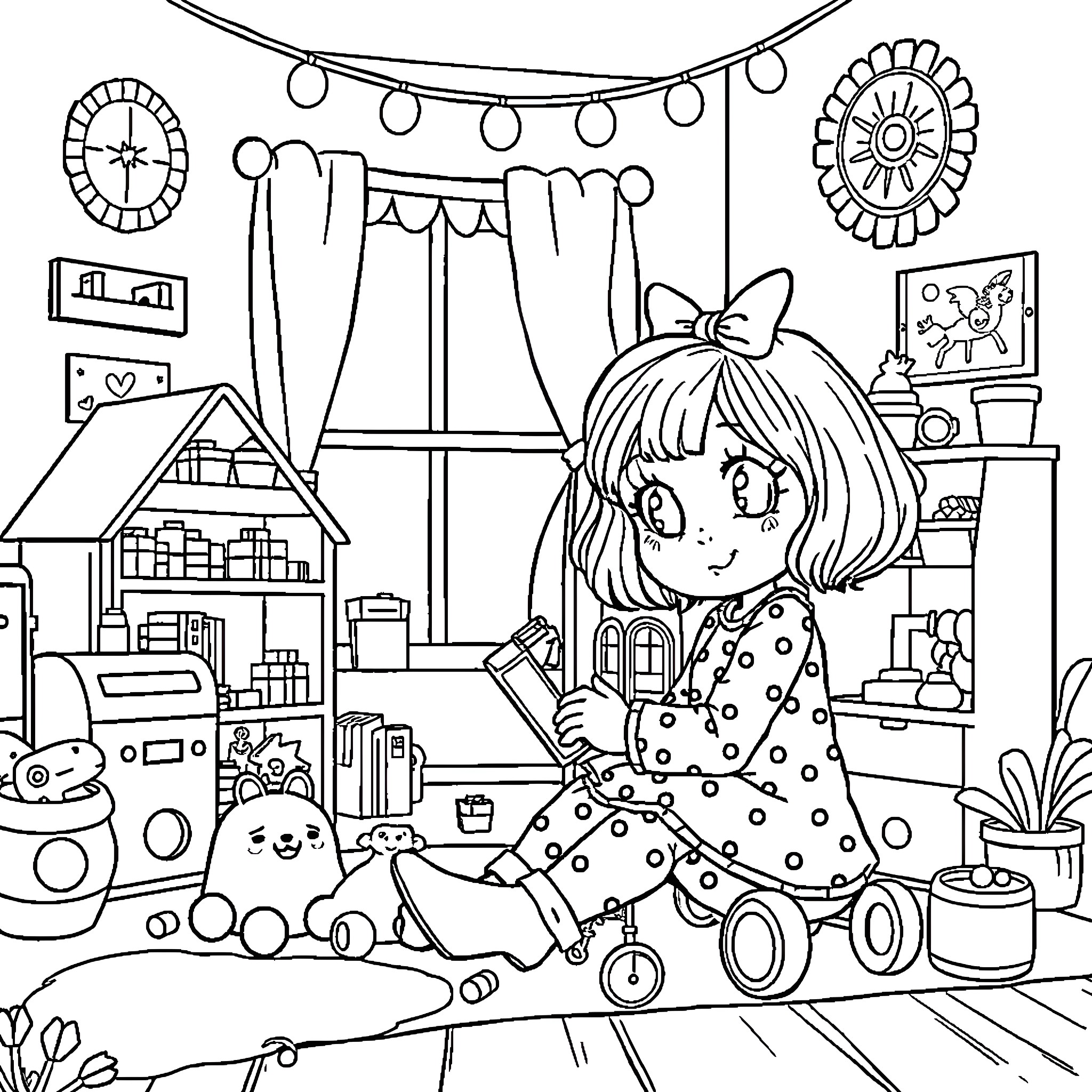 Dollhouse Adventure of a Young Girl Coloring Page (free black-and-white line drawing printable PDF for all, from beginners to advanced learners, including children, teens, adults, and seniors)