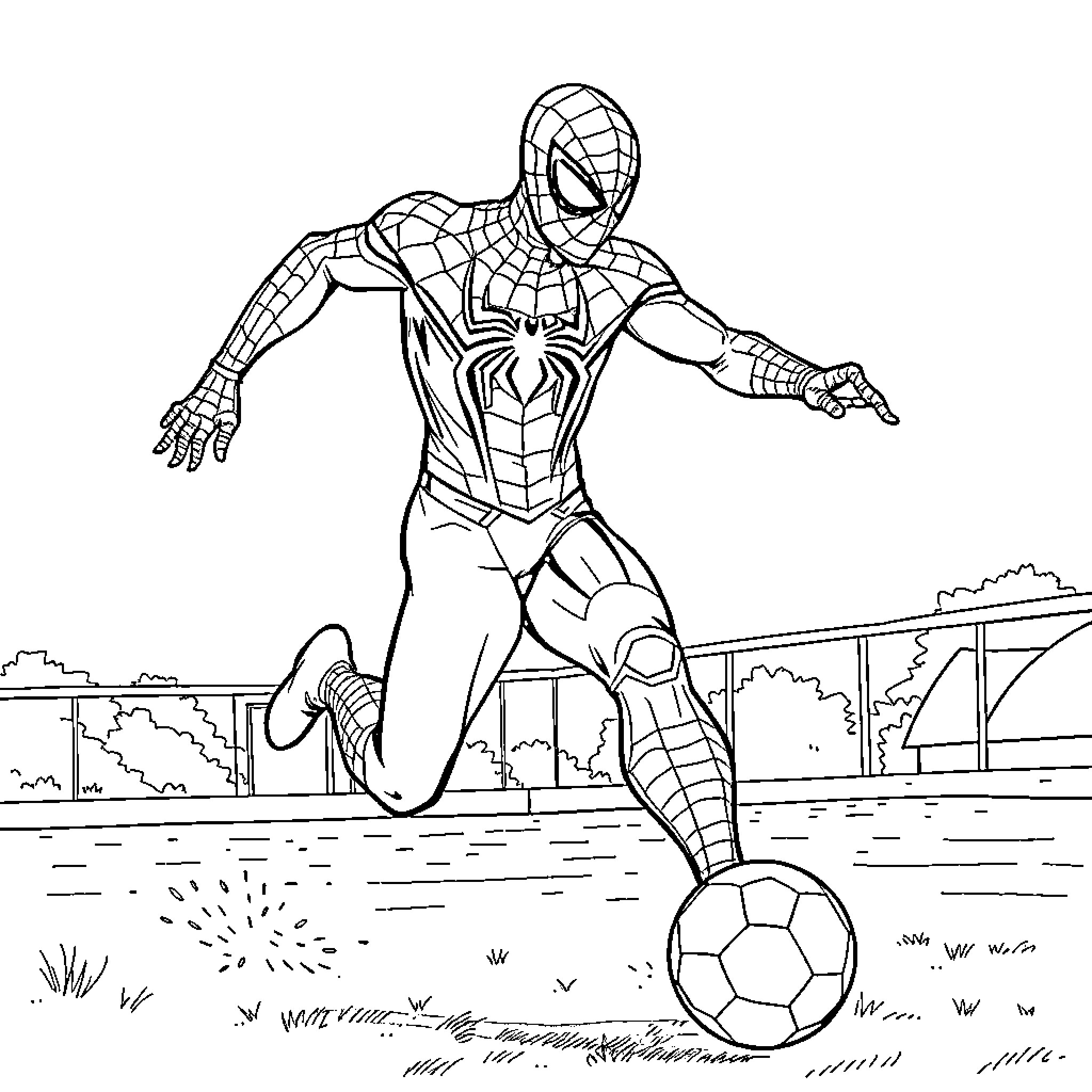 Spiderman playing soccer on city rooftop Coloring Page (free black-and-white line drawing printable PDF for all, from beginners to advanced learners, including children, teens, adults, and seniors)