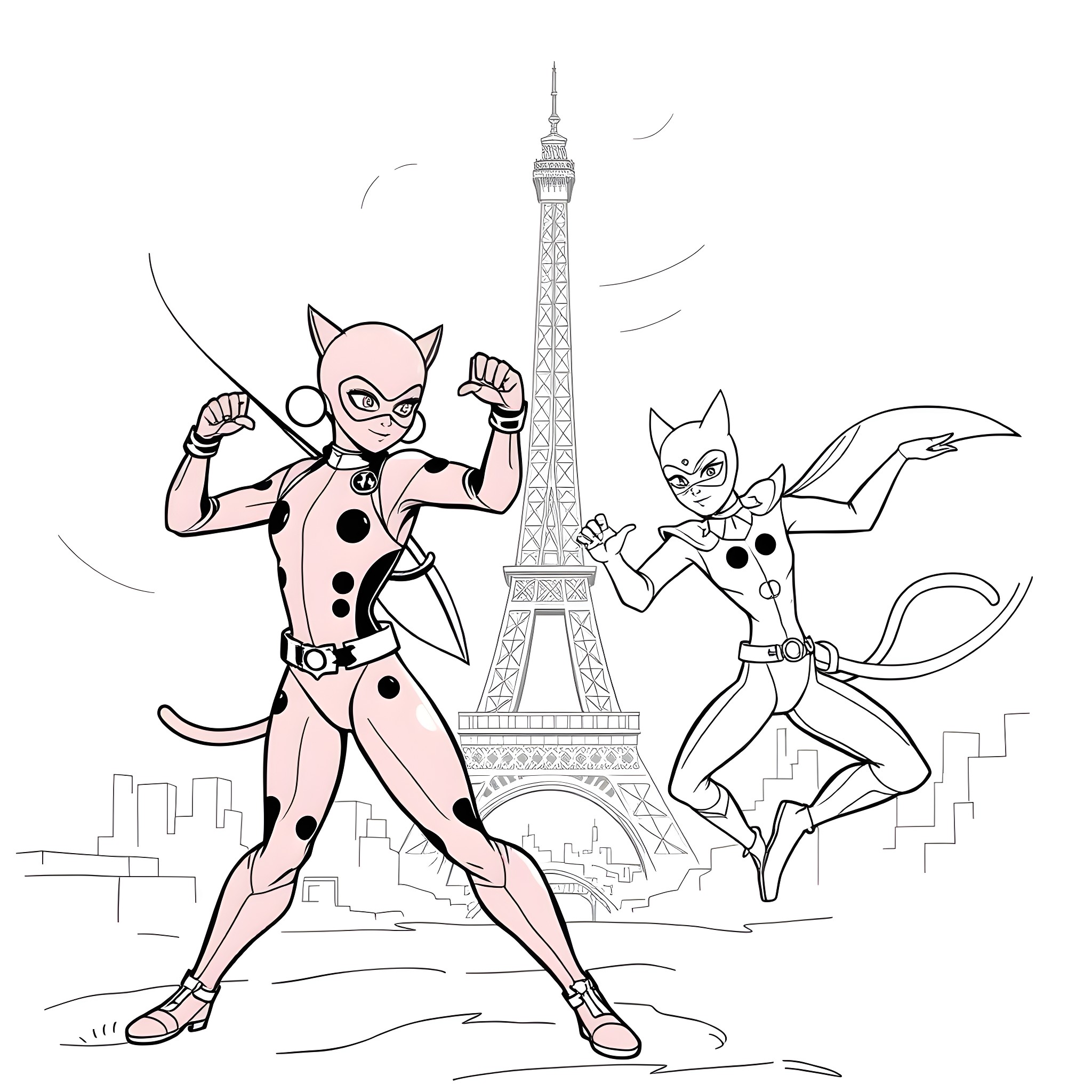 Ladybug and Cat Noir heroes in Paris Coloring Page (free black-and-white line drawing printable PDF for all, from beginners to advanced learners, including children, teens, adults, and seniors)