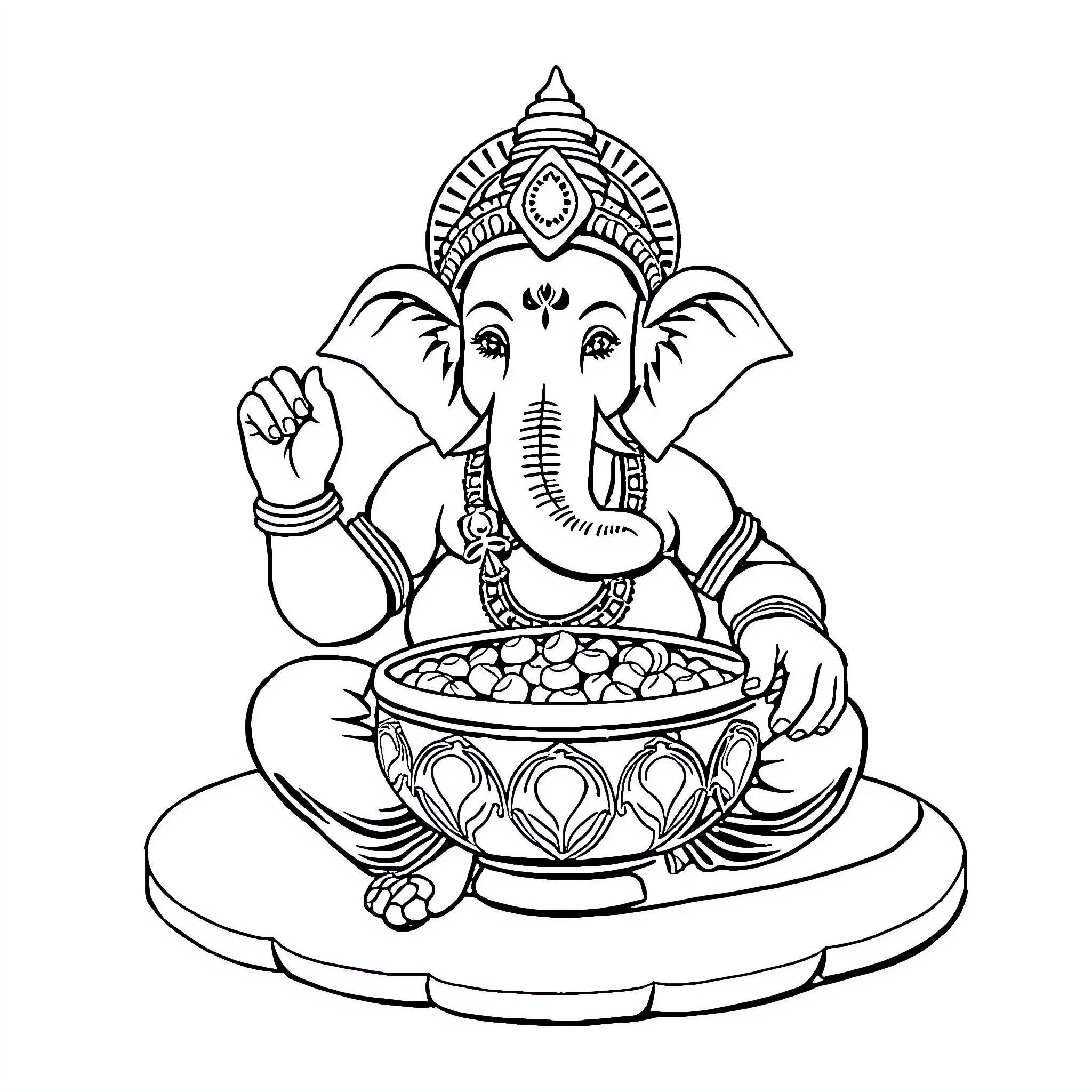 Ganesh offering blessings with a bowl of offerings Coloring Page (free black-and-white line drawing printable PDF for all, from beginners to advanced learners, including children, teens, adults, and seniors)