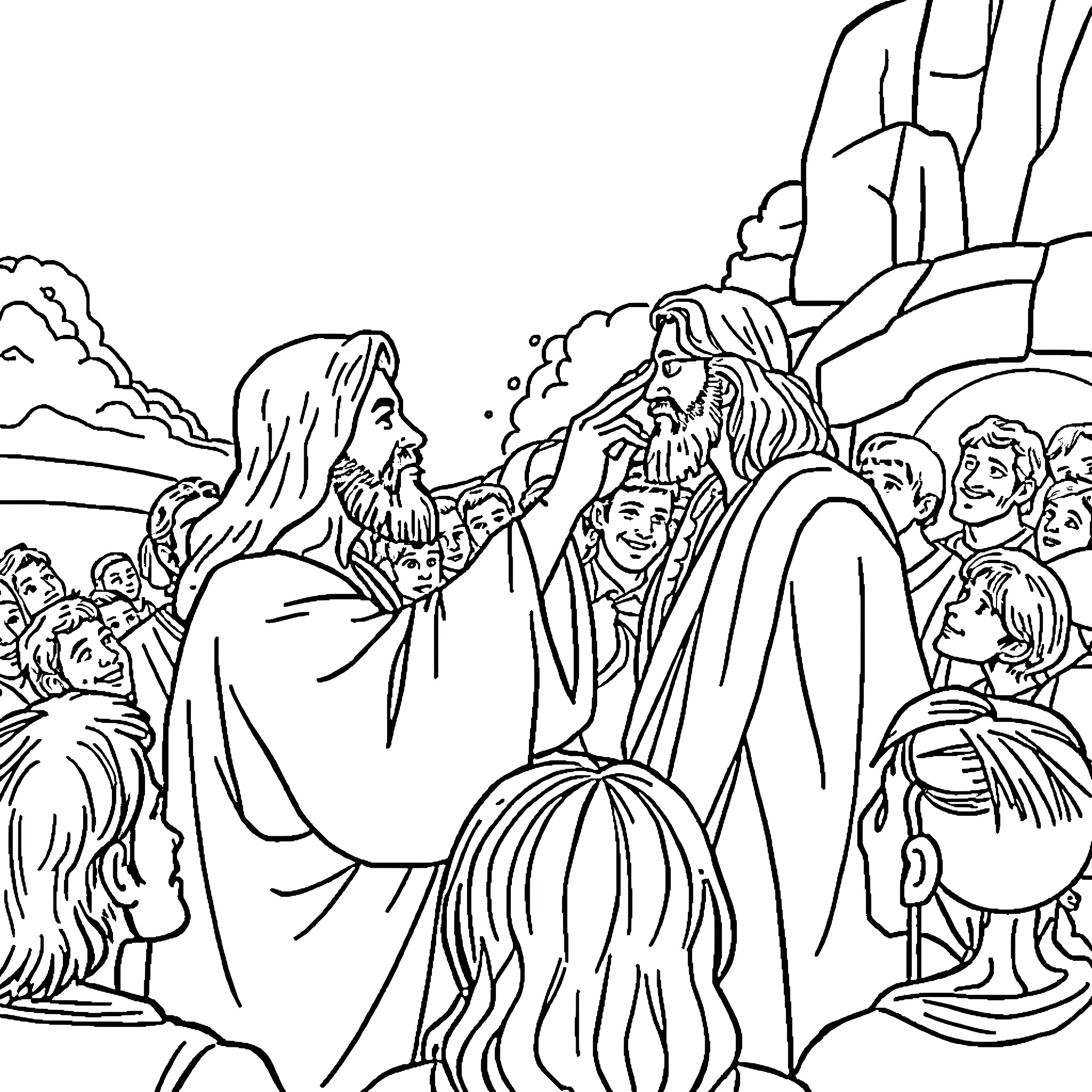 Jesus teaching a crowd in the wilderness Coloring Page (free black-and-white line drawing printable PDF for all, from beginners to advanced learners, including children, teens, adults, and seniors)