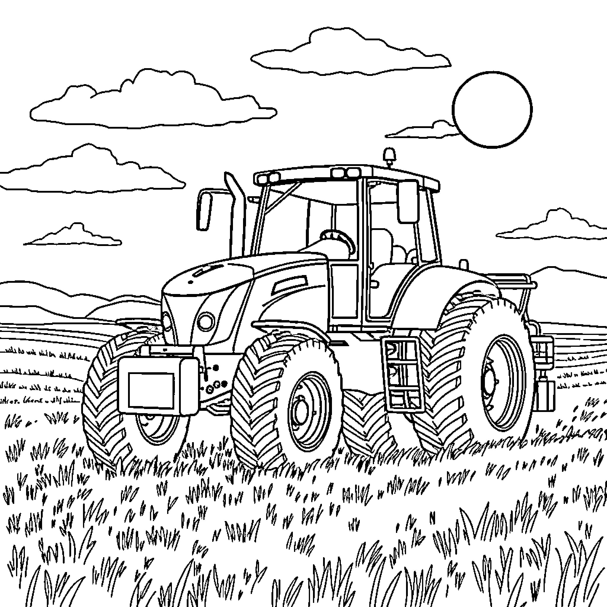 Tractor plowing through a field under a cloudy sky Coloring Page (free black-and-white line drawing printable PDF for all, from beginners to advanced learners, including children, teens, adults, and seniors)