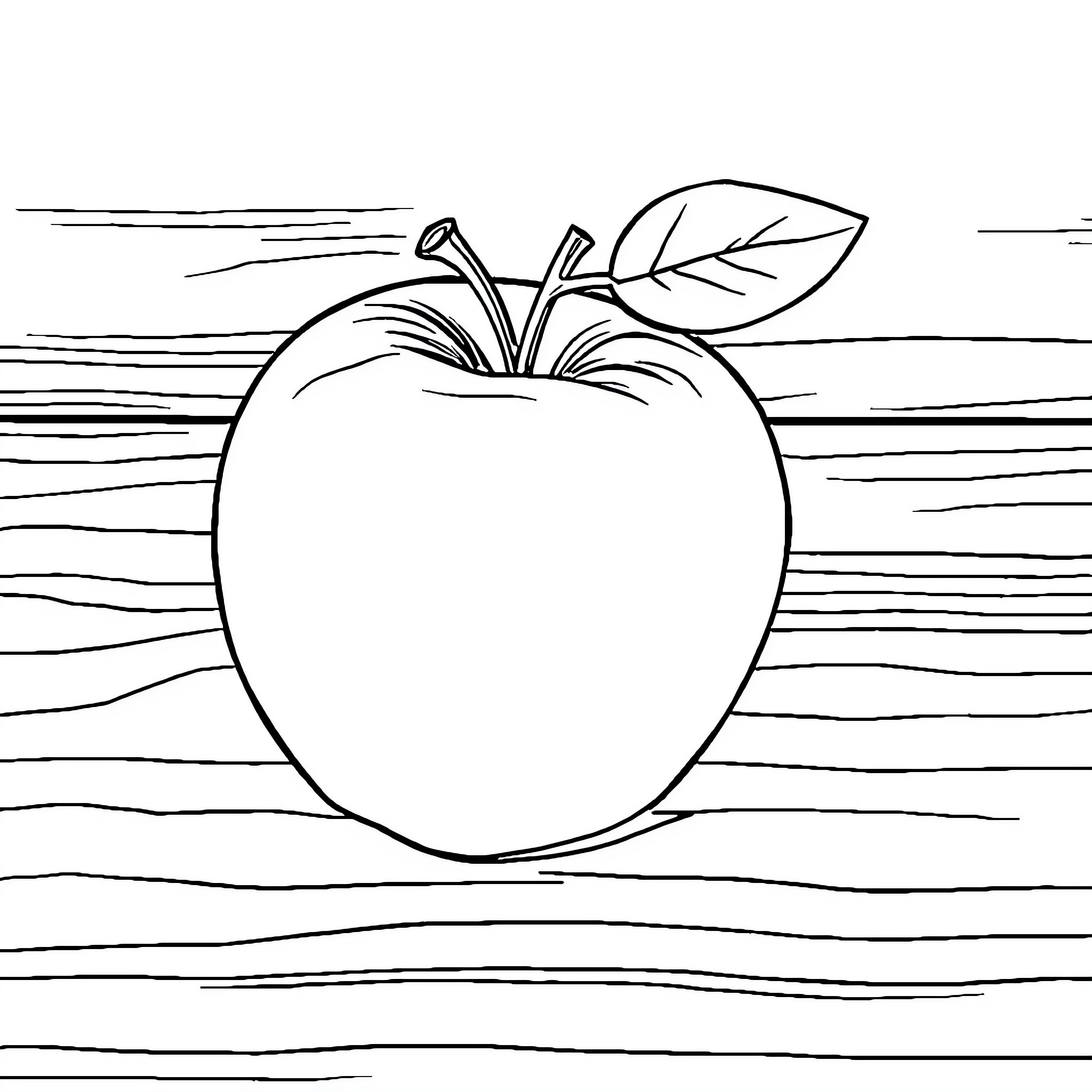 Apple on a Wooden Surface Coloring Page (free black-and-white line drawing printable PDF for all, from beginners to advanced learners, including children, teens, adults, and seniors)