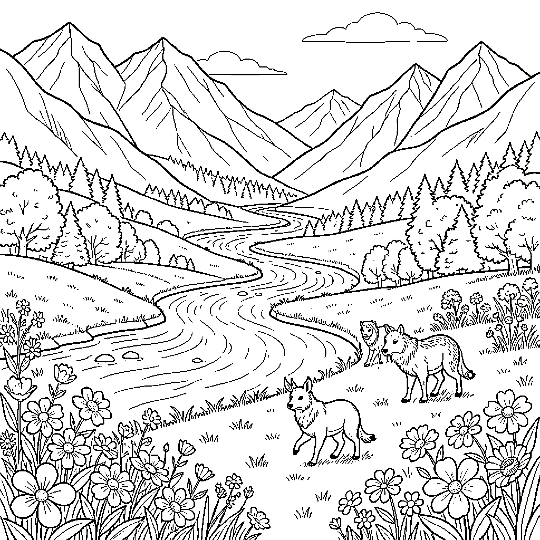 Mountain Landscape with Winding River and Wildlife Coloring Page (free black-and-white line drawing printable PDF for all, from beginners to advanced learners, including children, teens, adults, and seniors)