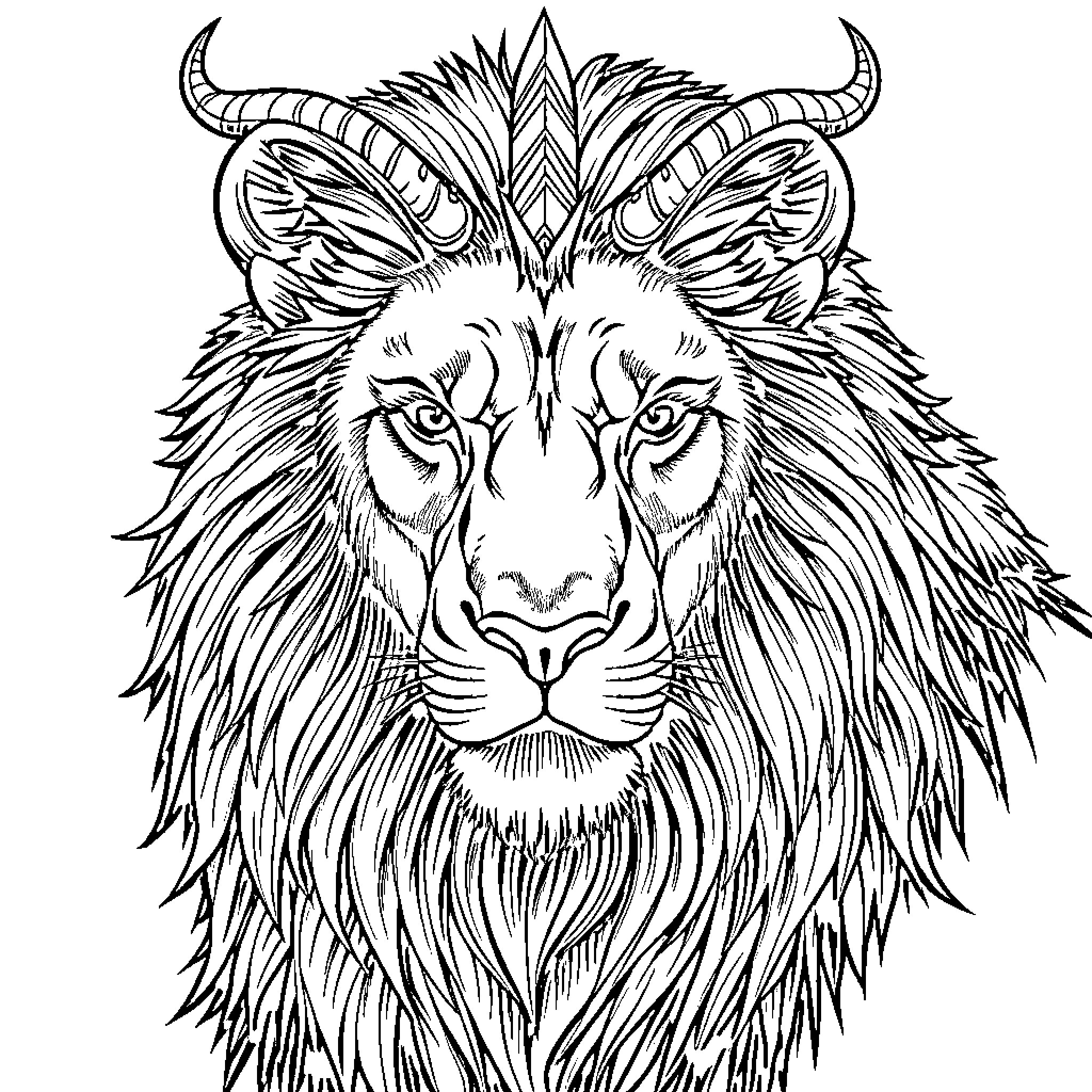 Wolf with intricate horned headpiece Coloring Page (free black-and-white line drawing printable PDF for all, from beginners to advanced learners, including children, teens, adults, and seniors)