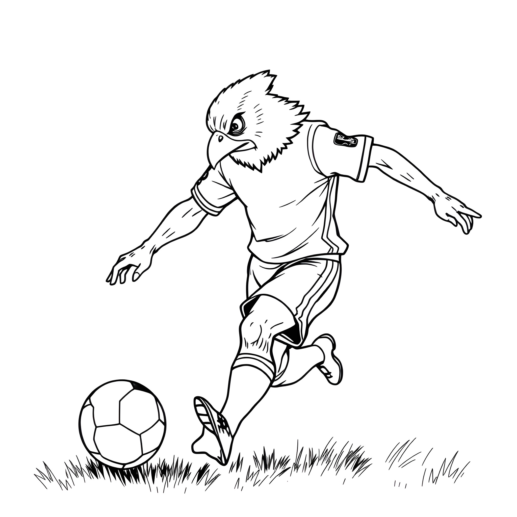 Hawkeye kicking a soccer ball on the field Coloring Page (free black-and-white line drawing printable PDF for all, from beginners to advanced learners, including children, teens, adults, and seniors)