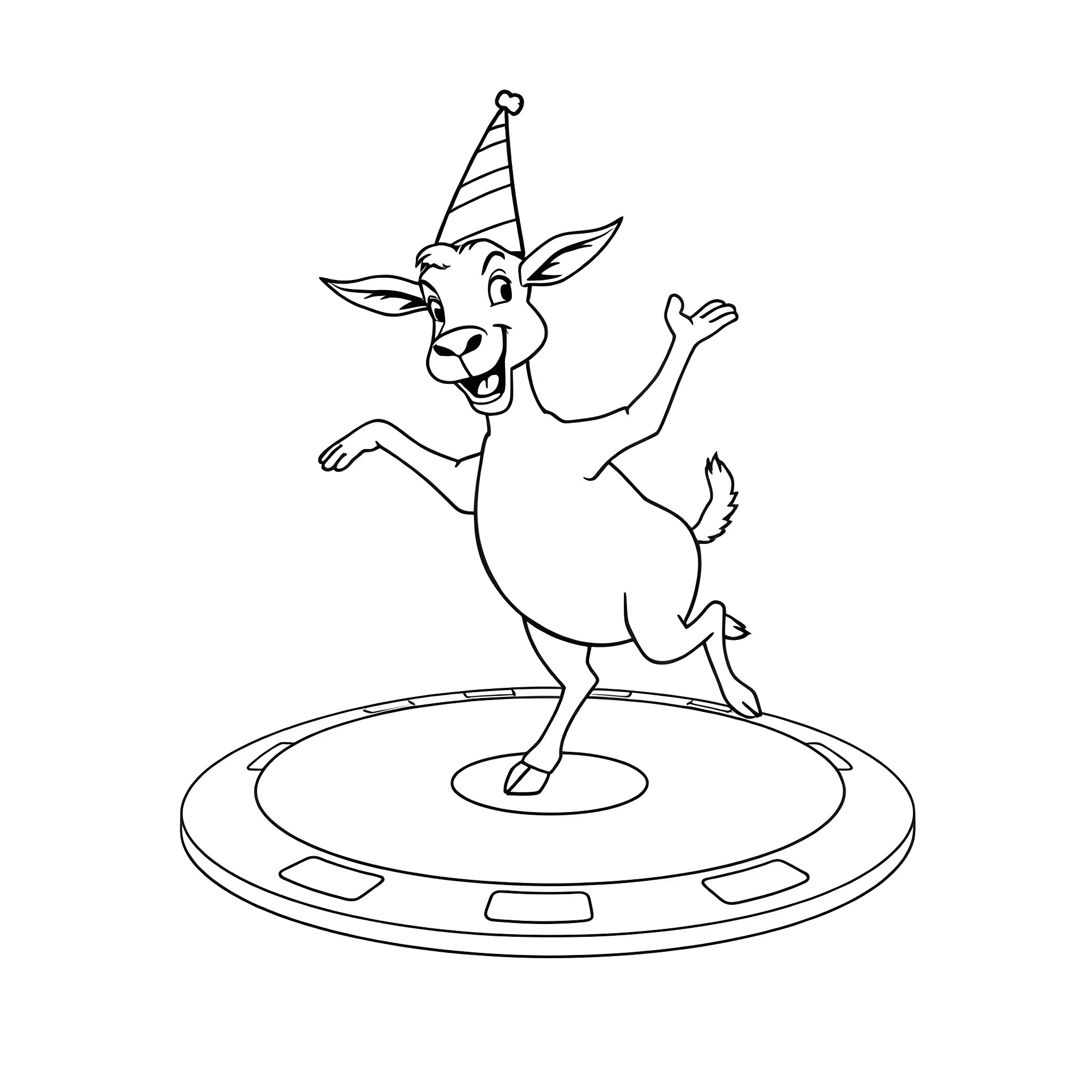 Goat dancing joyfully on a platform Coloring Page (free black-and-white line drawing printable PDF for all, from beginners to advanced learners, including children, teens, adults, and seniors)