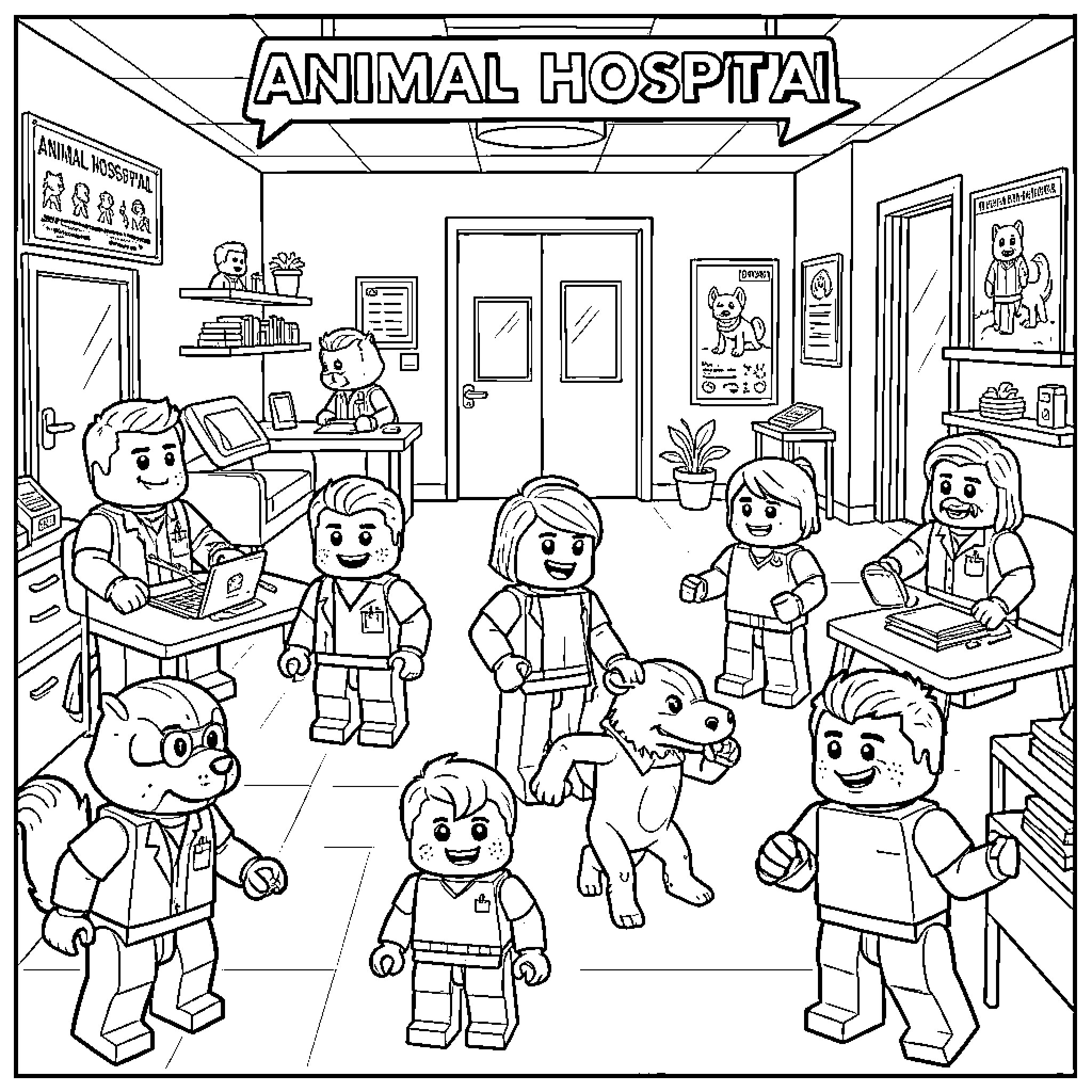 Animal Hospital with busy doctors and cute pets Coloring Page (free black-and-white line drawing printable PDF for all, from beginners to advanced learners, including children, teens, adults, and seniors)
