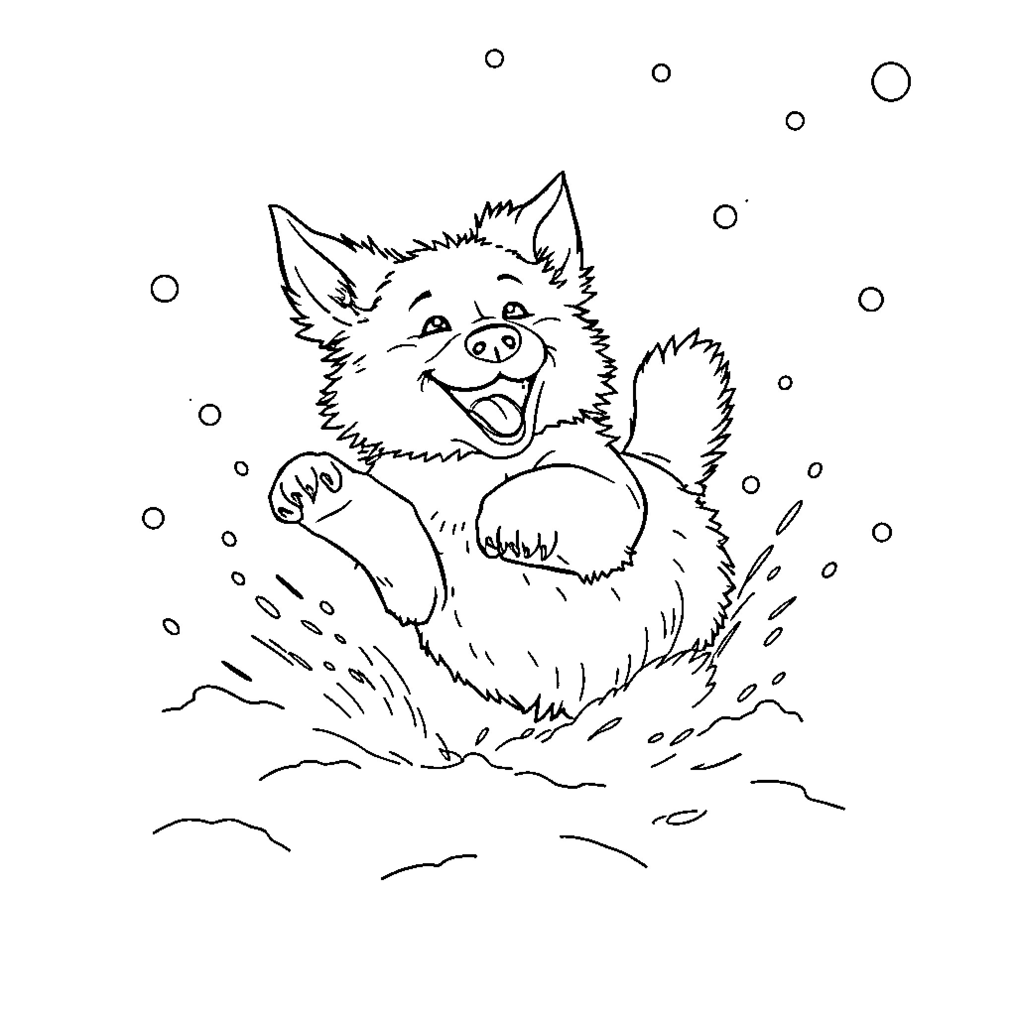Dog playing joyfully in the snow Coloring Page (free black-and-white line drawing printable PDF for all, from beginners to advanced learners, including children, teens, adults, and seniors)