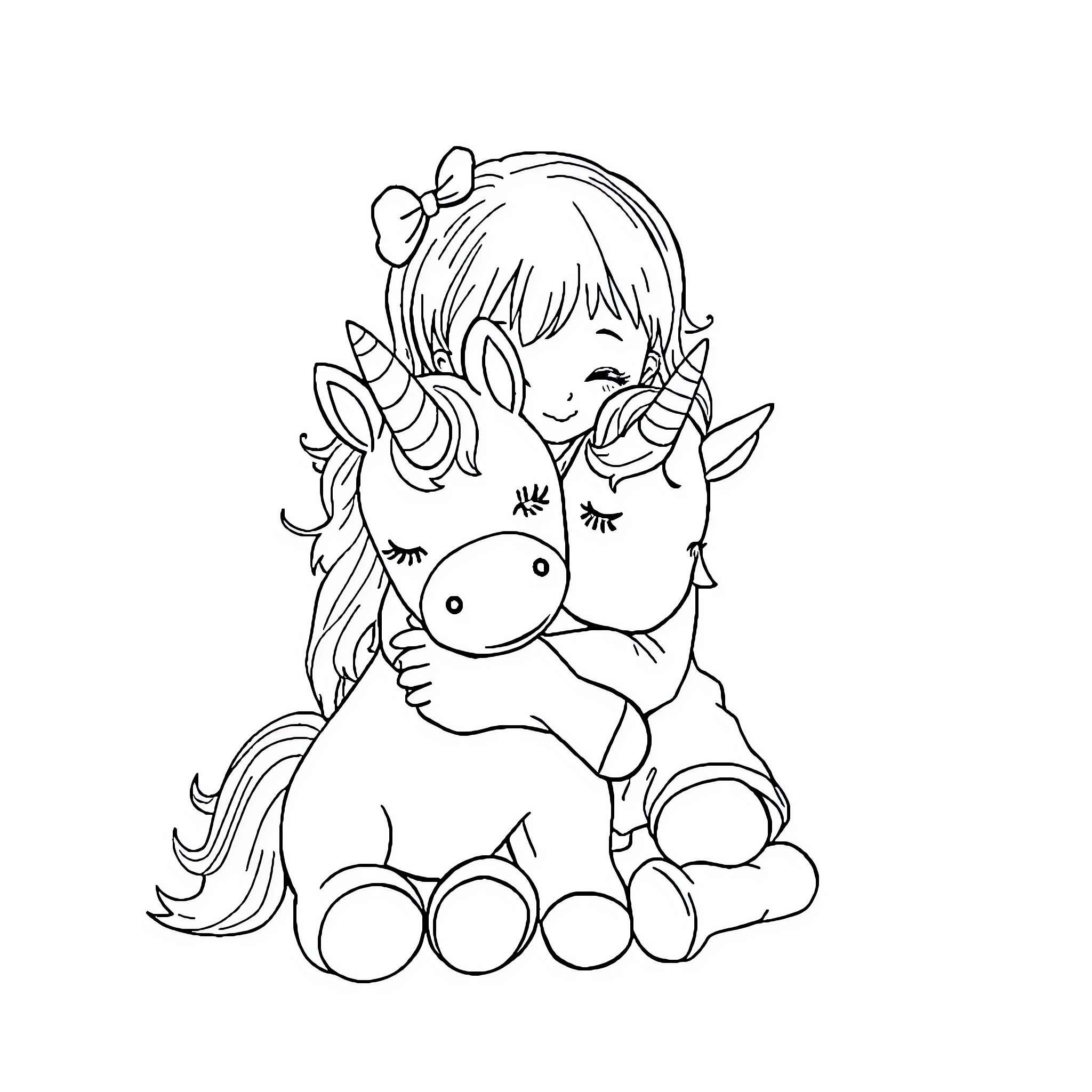 Baby Girl Hugging Cute Unicorn Toy Coloring Page (free black-and-white line drawing printable PDF for all, from beginners to advanced learners, including children, teens, adults, and seniors)