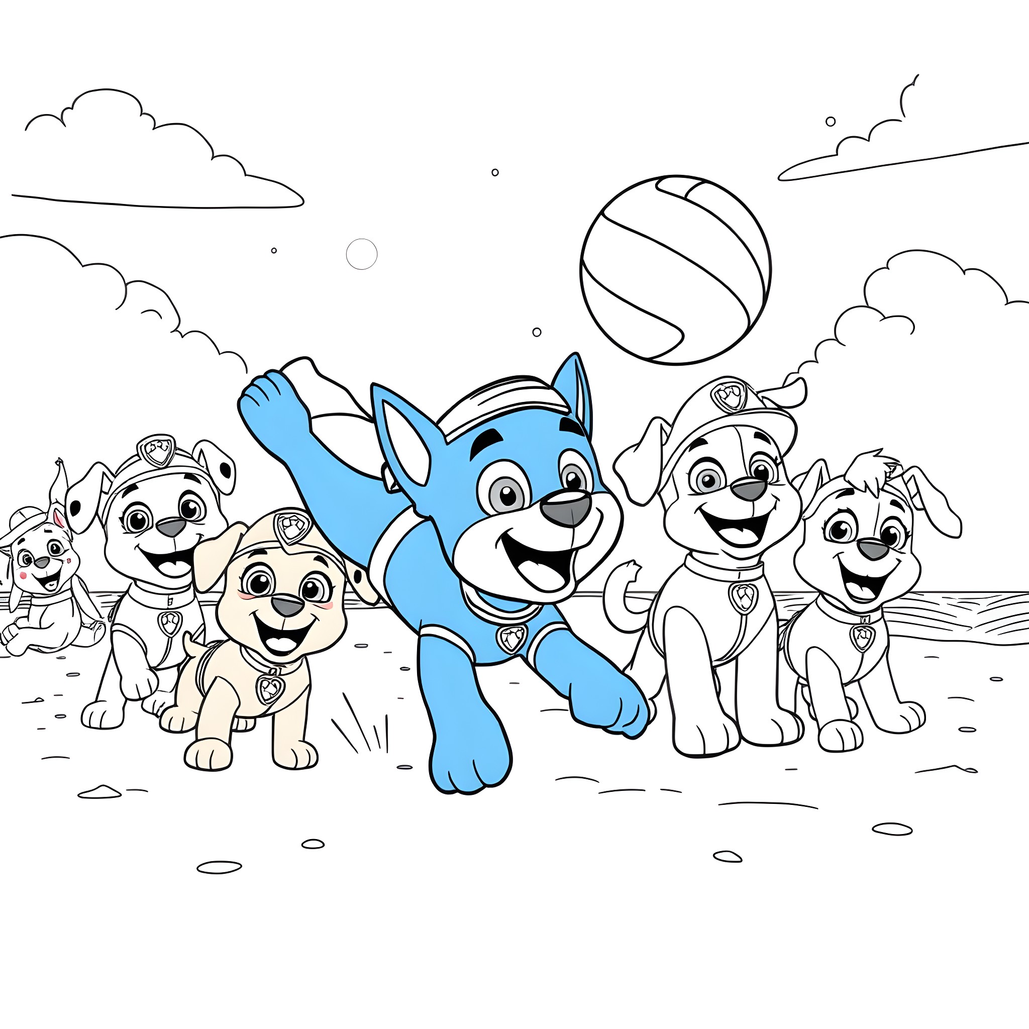 Bluey and Pups Playing with Ball on the Beach Coloring Page (free black-and-white line drawing printable PDF for all, from beginners to advanced learners, including children, teens, adults, and seniors)
